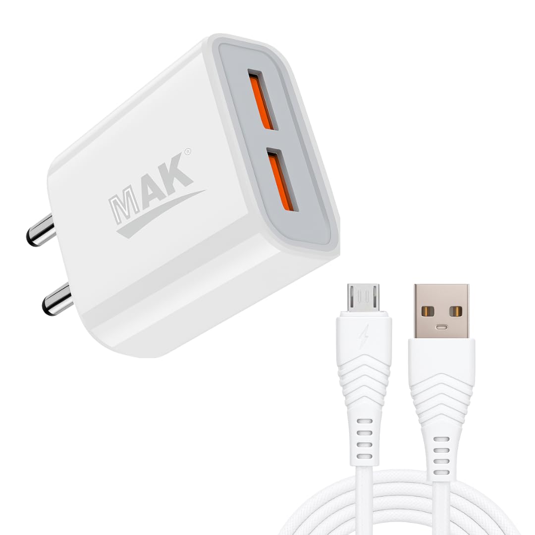 15W Dual USB Port Fast Charger with Micro USB Cable | Universal Mobile Wall Adapter | Dual Output Travel Charger for Android Smartphones & Accessories | Compact & Safe Design