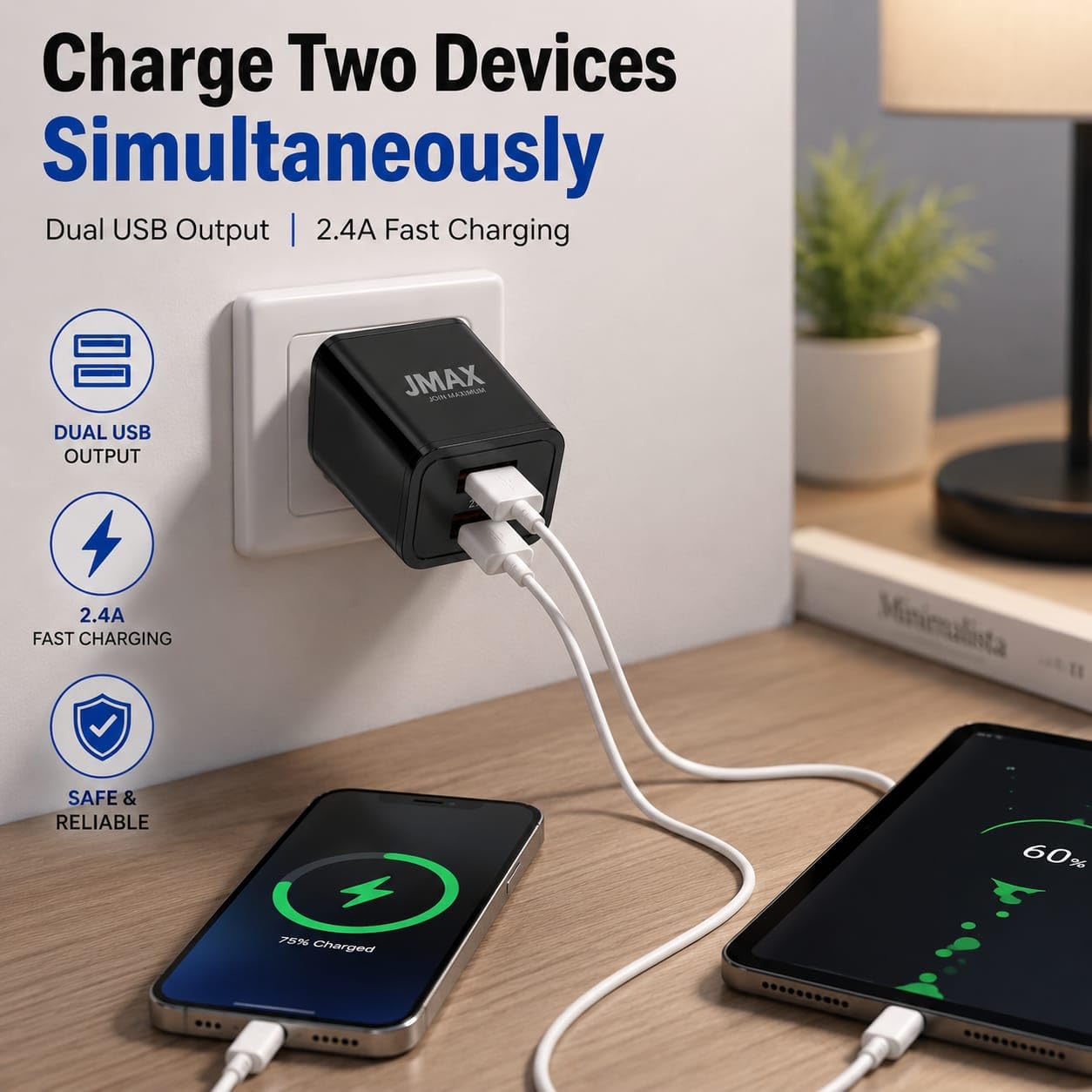 2.4A Dual USB Mobile Charger with Free Micro USB Cable | Fast Charging Dual USB Wall Charger Adapter | Smart IC Protection | Charge 2 Devices | Compatible with Android Phones, Tablets - Image 4