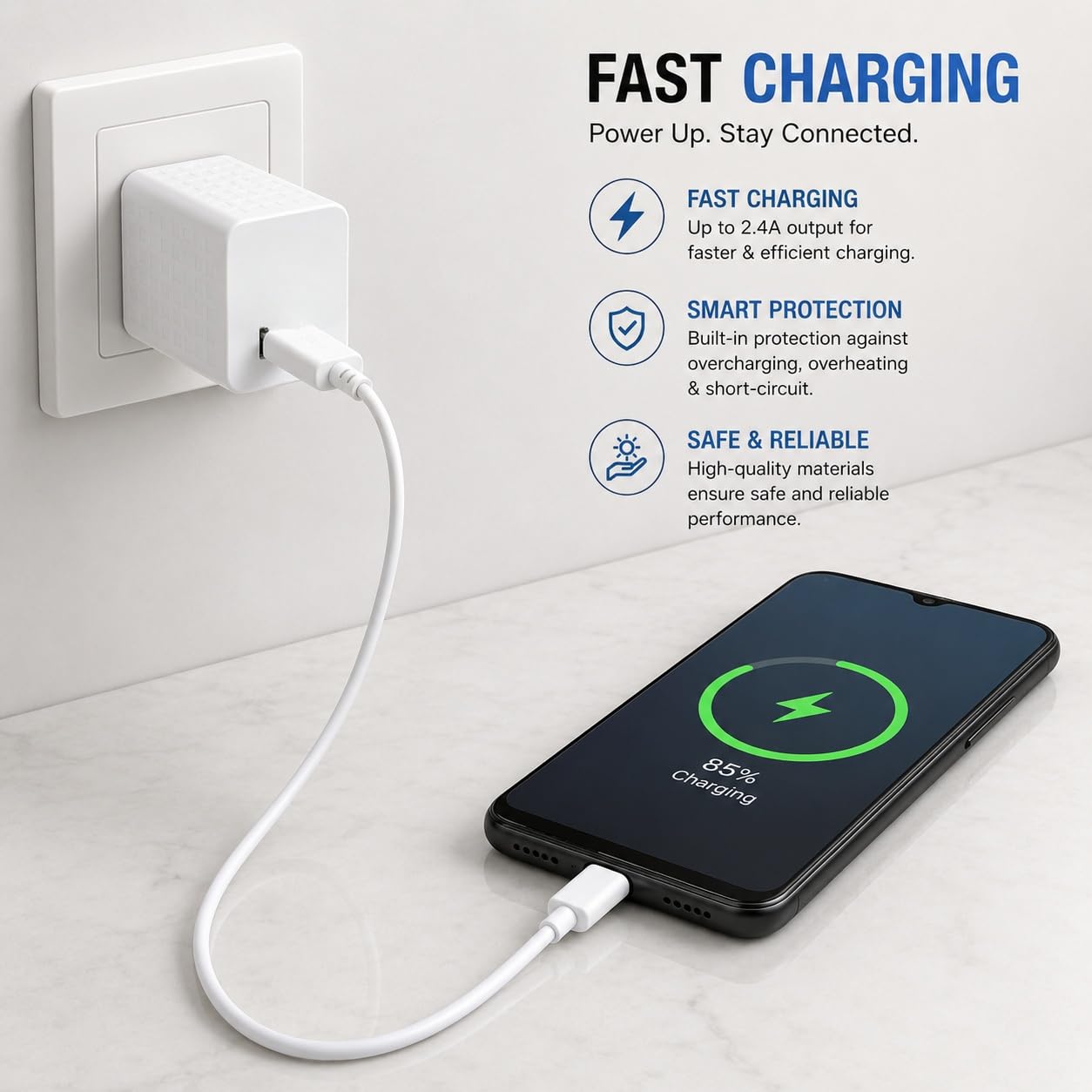 USB Wall Charger Adapter with Micro USB Cable, Single USB Port, 45W Ultra Fast Charging, White - Image 4