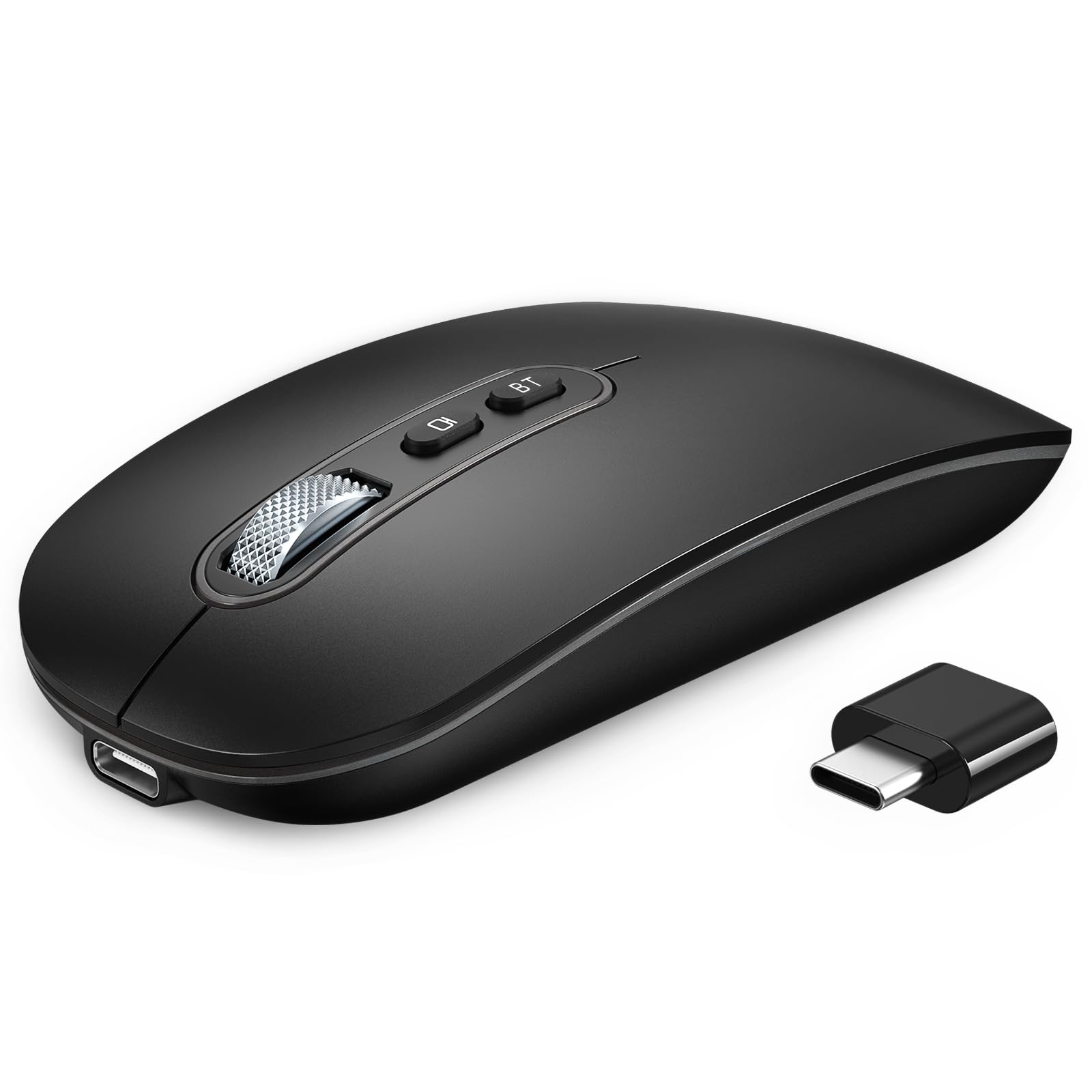 USB C Wireless Mouse, Rechargeable Dual-Mode Mouse(Type C and Bluetooth), Silent Mice for MacBook Air/Pro, Slim Portable Travel Mice for iPad Laptop PC Computer - Black