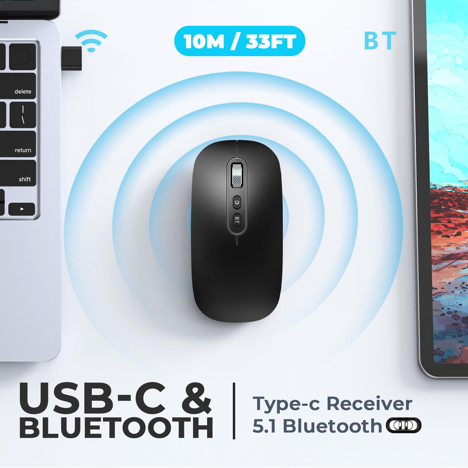 USB C Wireless Mouse, Rechargeable Dual-Mode Mouse(Type C and Bluetooth), Silent Mice for MacBook Air/Pro, Slim Portable Travel Mice for iPad Laptop PC Computer - Black - Image 2