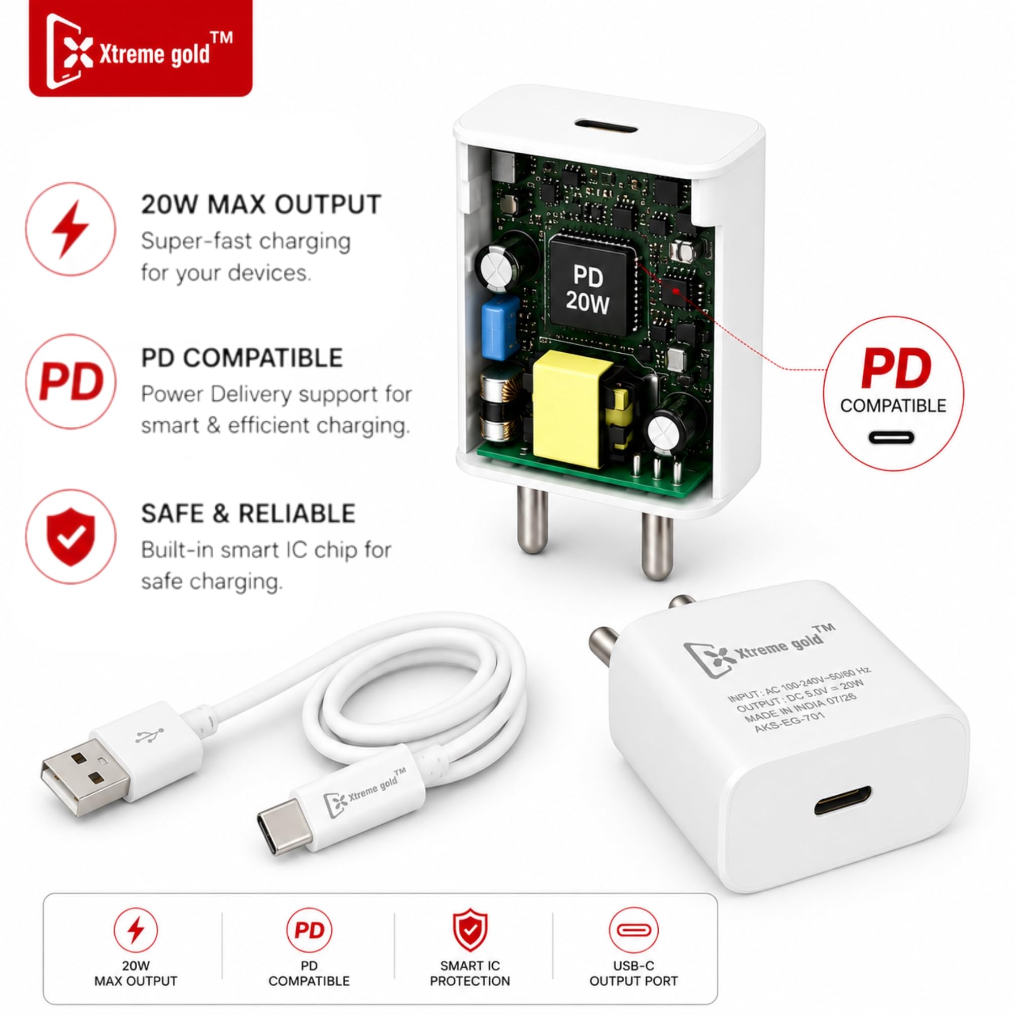 20W PD Fast Charger with 1m Datacable | EG-701 | Fast Charging Mobile Charger | Compact Travel Adapter | Safe Multi Protection | Home Office Travel | White - Image 4