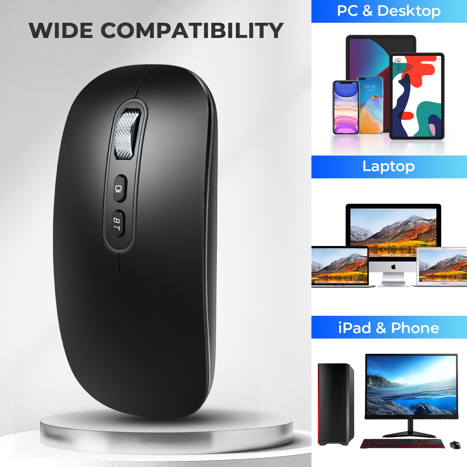USB C Wireless Mouse, Rechargeable Dual-Mode Mouse(Type C and Bluetooth), Silent Mice for MacBook Air/Pro, Slim Portable Travel Mice for iPad Laptop PC Computer - Black - Image 6