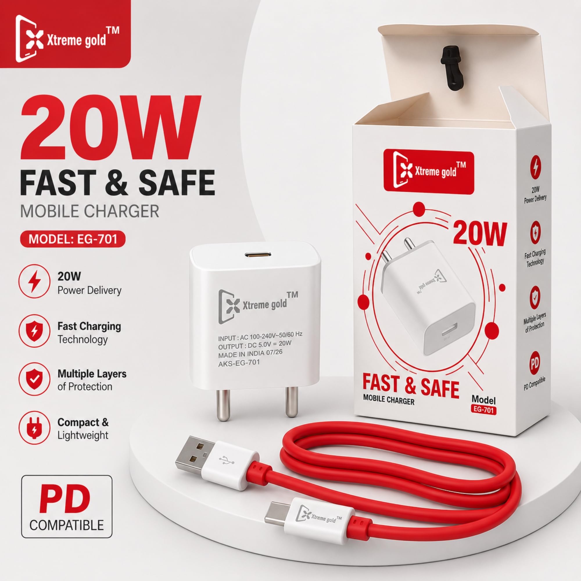 20W PD Fast Charger with 1m Datacable | EG-701 | Fast Charging Mobile Charger | Compact Travel Adapter | Safe Multi Protection | Home Office Travel | White - Image 2