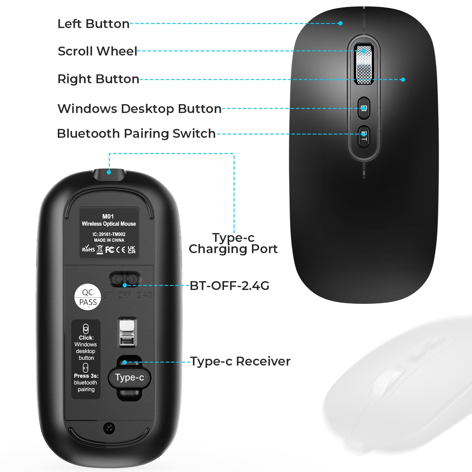 USB C Wireless Mouse, Rechargeable Dual-Mode Mouse(Type C and Bluetooth), Silent Mice for MacBook Air/Pro, Slim Portable Travel Mice for iPad Laptop PC Computer - Black - Image 7