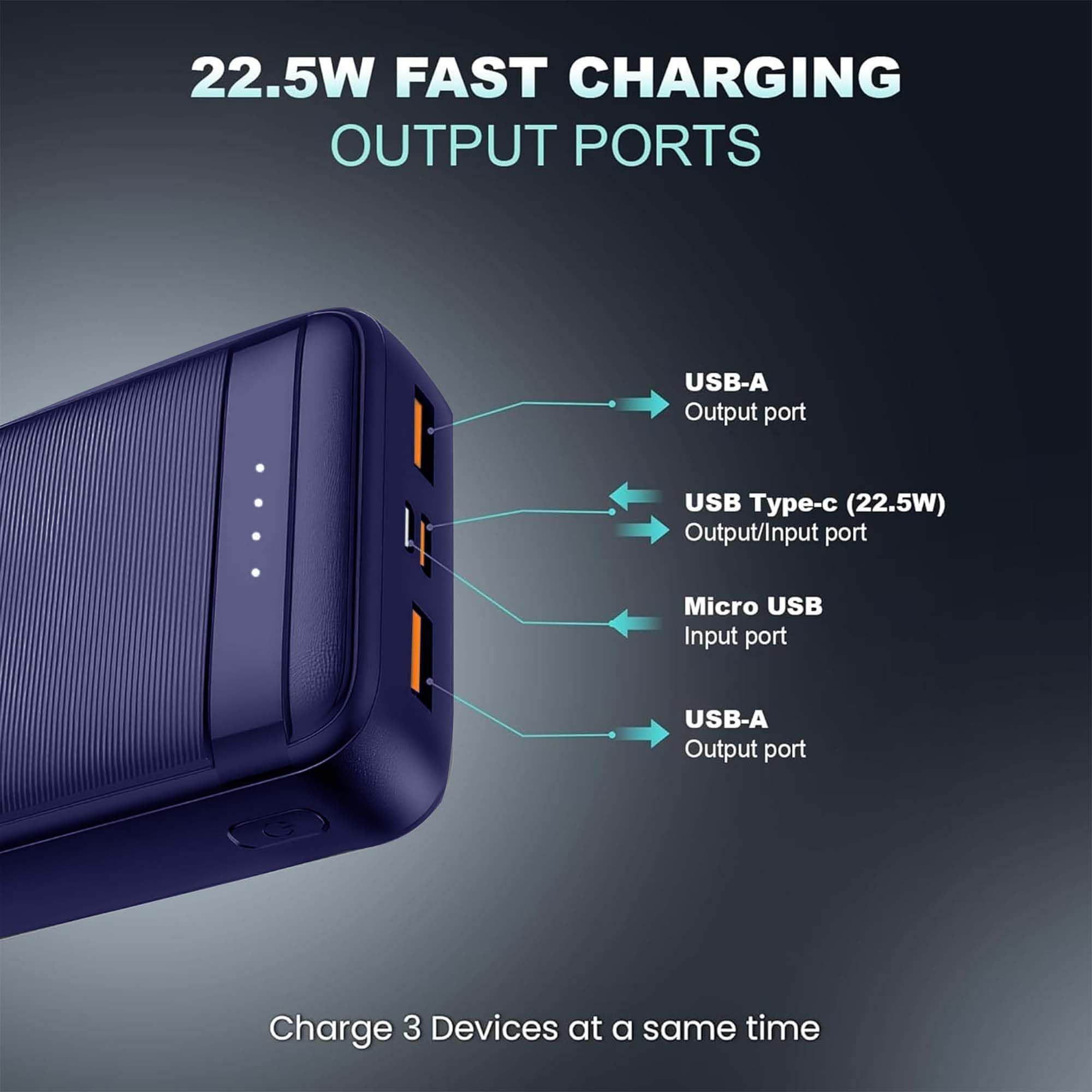 Legend Champ Power Bank 20000mAh, 22.5W Fast Charging with Power Delivery & Quick Charge, Triple Output, USB Type-C Input & Output, BIS Certified, Made in India (Blue) - Image 3