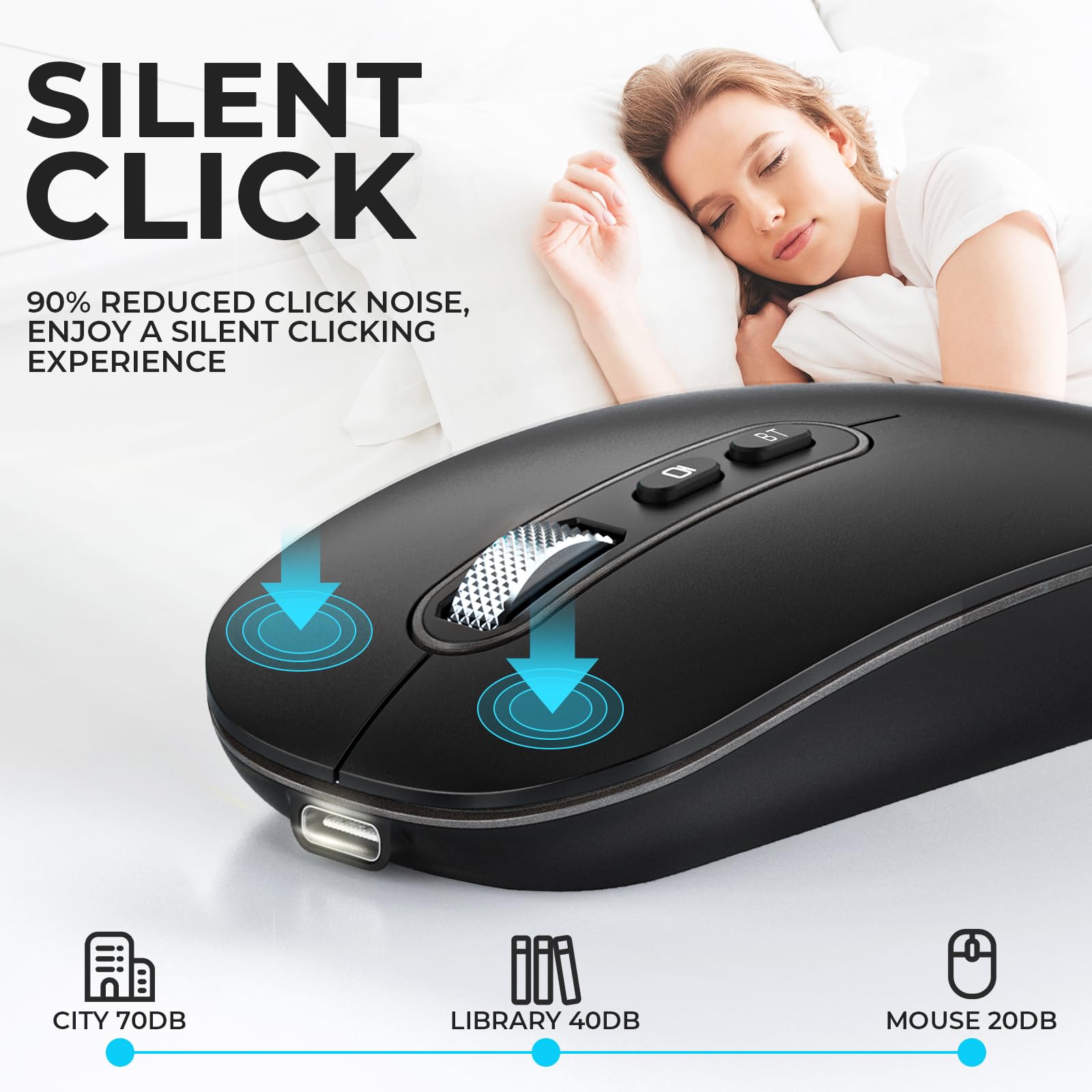 USB C Wireless Mouse, Rechargeable Dual-Mode Mouse(Type C and Bluetooth), Silent Mice for MacBook Air/Pro, Slim Portable Travel Mice for iPad Laptop PC Computer - Black - Image 4