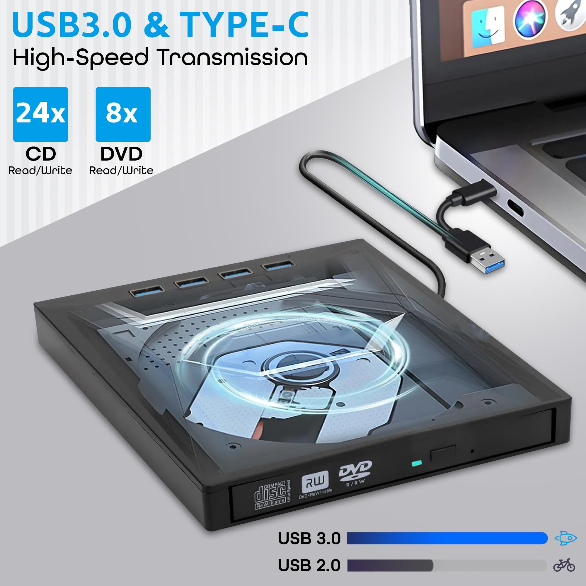 7 in1 External CD DVD Drive, USB 3.0 Type A & C,Portable CD/DVD RW ROM Burner Rewriter with SD TF & 4 USB Ports,Gaming,Music,Slim Optical DVD Player for Laptop Macbook Pro Air PC iMac Windows - Image 2