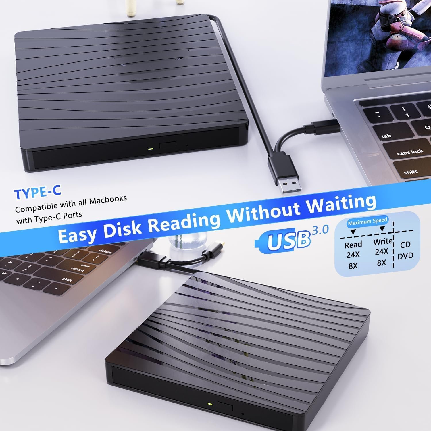 ULTRABYTES External DVD Drive USB 3.0 Type-C USB C Portable DVD Player for Laptops CD DVD +/-RW Disk Drive CD ROM Burner Writer CD/DVD Burner Reader for Laptop, Desktop, Windows, Linux, OS - Image 3