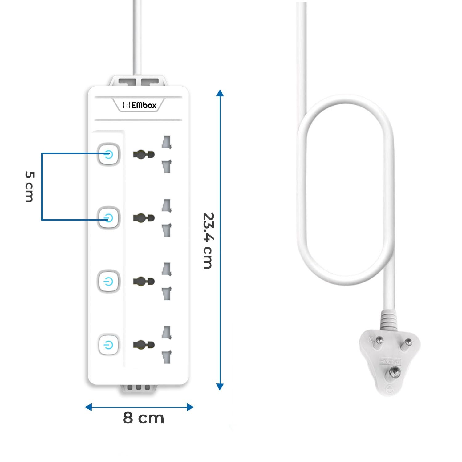 Extension Board with Switches 2500 W, 4 Universal Sockets, Individual Switch, Safety Shutter Spike Guard, LED Indicator and Safety Shutter - Image 7