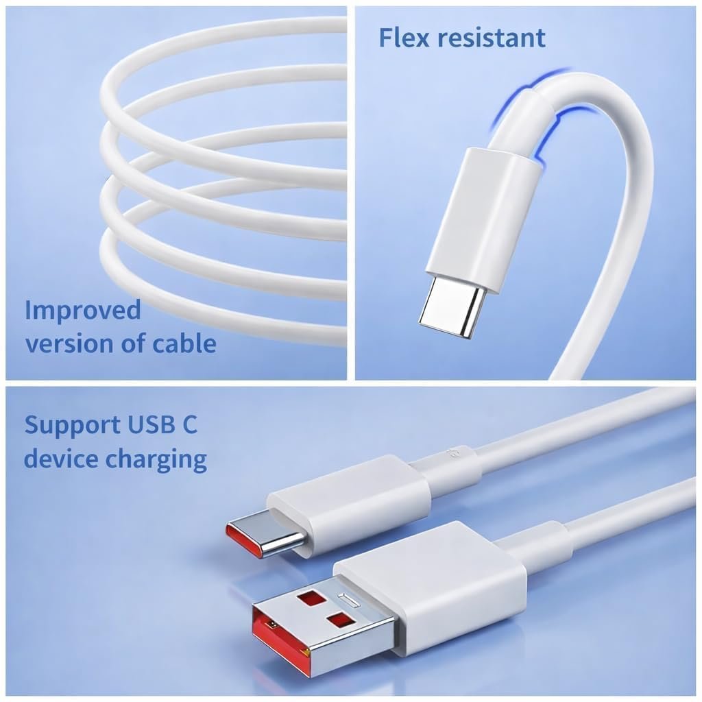 Mi USB to Type C 33W Hypercharge Cable, 3A Fast Charging Cable with Up to 480 Mbps High-Speed Data Transfer & Sync Cord Compatible With Smartphones and Devices, White (1 Meter) - Image 3