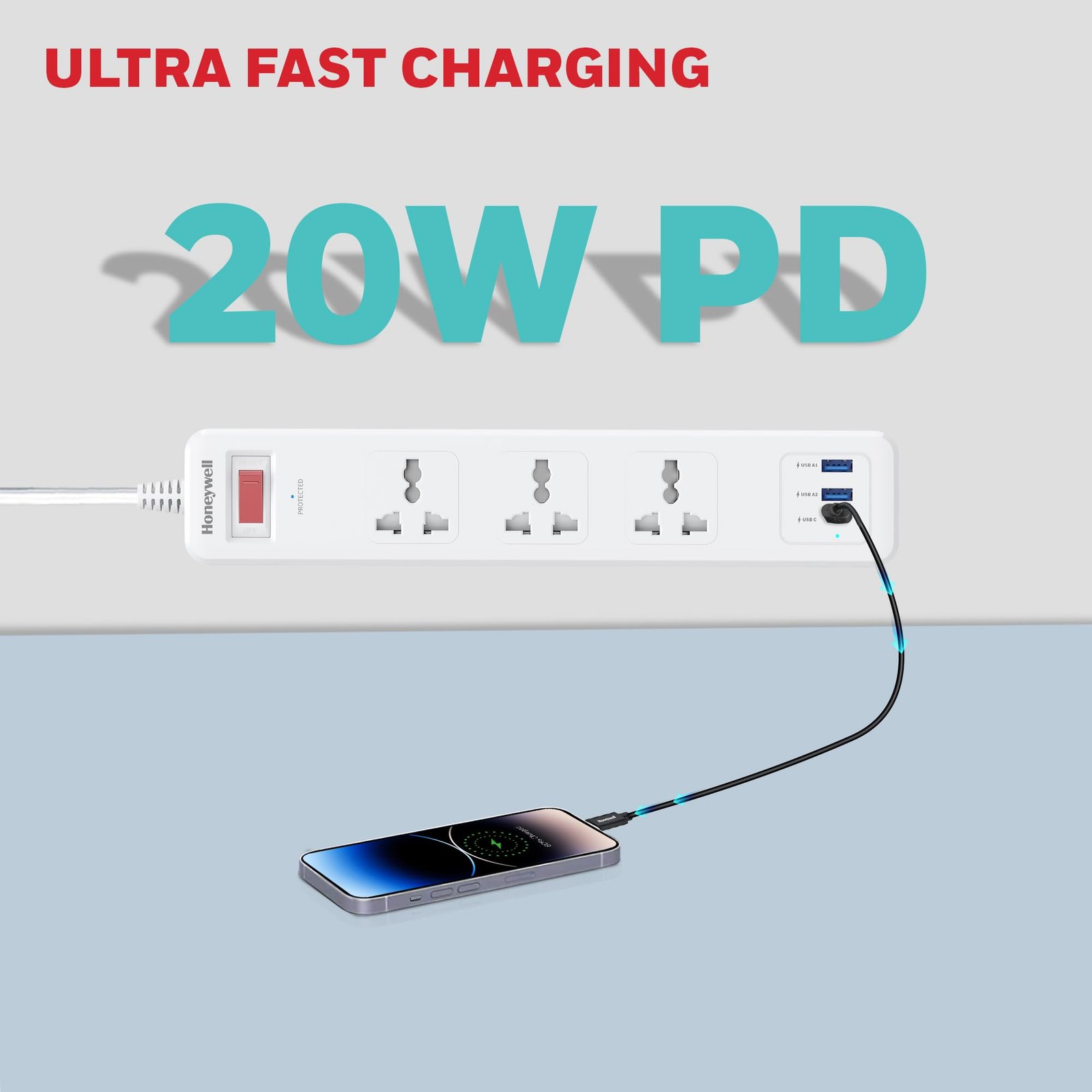 3 Out Surge Protector with Master Switch, Spike Guard/Extension Board, 3 Outlet, PD20W & 2xUSB, 13500Amp, 1.8 Meter Cord, DSW, Automatic Overload Protection, 3 Years Manufacturer Warranty - Image 4