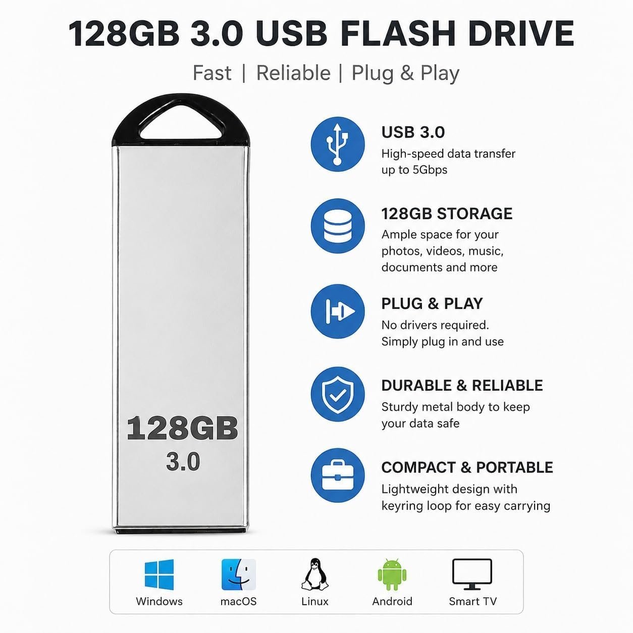 Item Name: USB 3.0 Metal Pen Drive High Speed Flash Drive for Laptop, PC, Smart TV, Car Music Player | Water Resistant & Metal Flash Drive for Backing Up Files, Pictures, Videos & Docs | 128 GB - Image 2