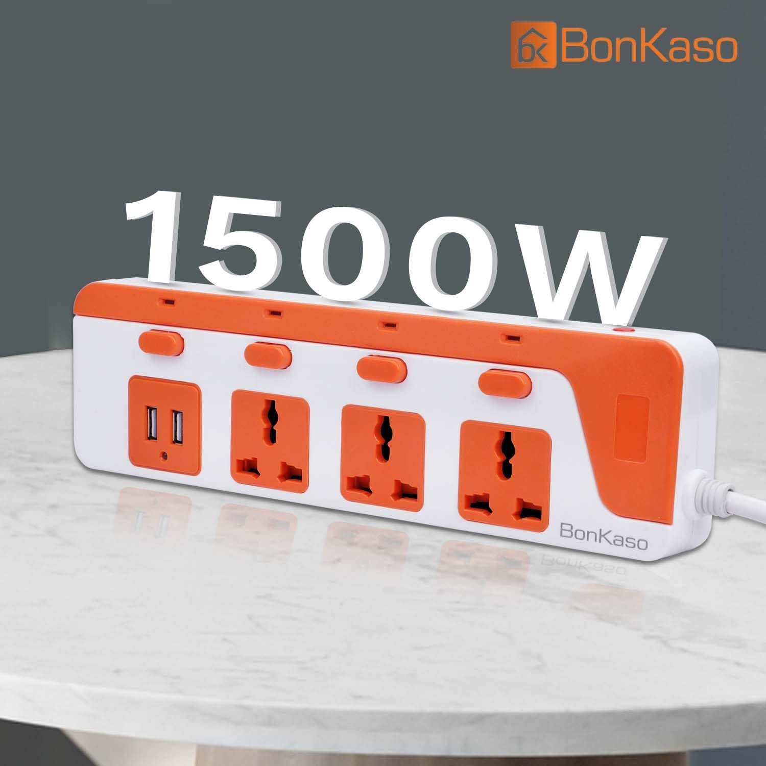 3-Socket Power Strip with Dual USB - 3AC Sockets, 2 USB, 1.5m Cord Length, 1500 W, Compact 26cm Size, Ultra-Light 500g (White & Orange) - Image 4