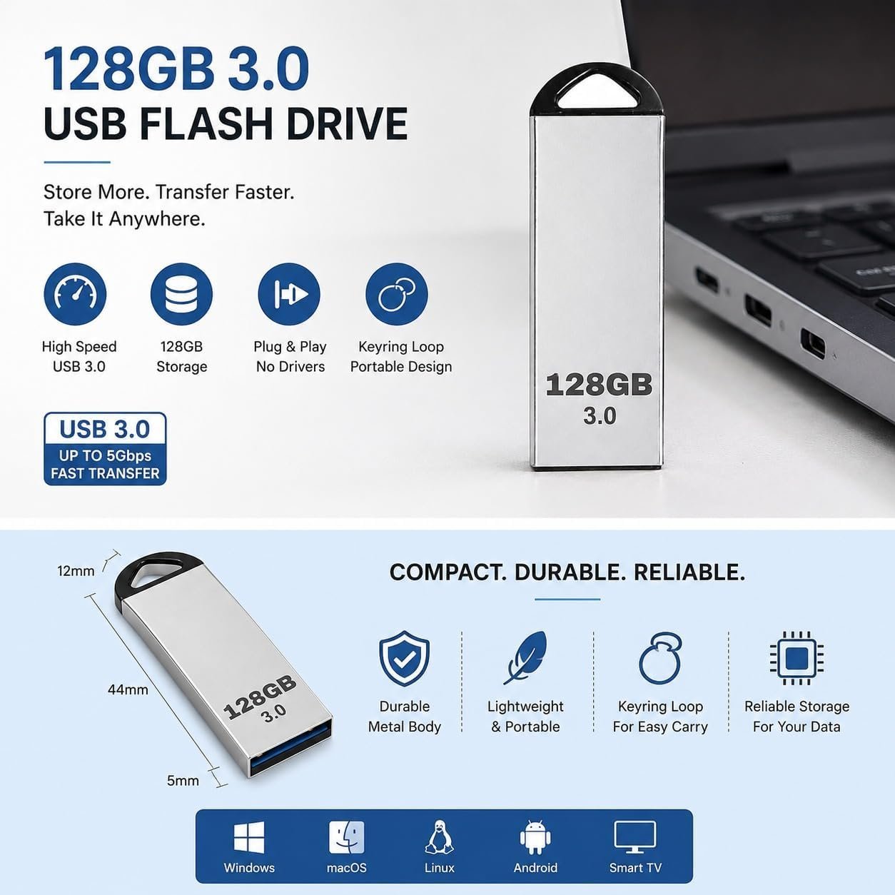Item Name: USB 3.0 Metal Pen Drive High Speed Flash Drive for Laptop, PC, Smart TV, Car Music Player | Water Resistant & Metal Flash Drive for Backing Up Files, Pictures, Videos & Docs | 128 GB - Image 4