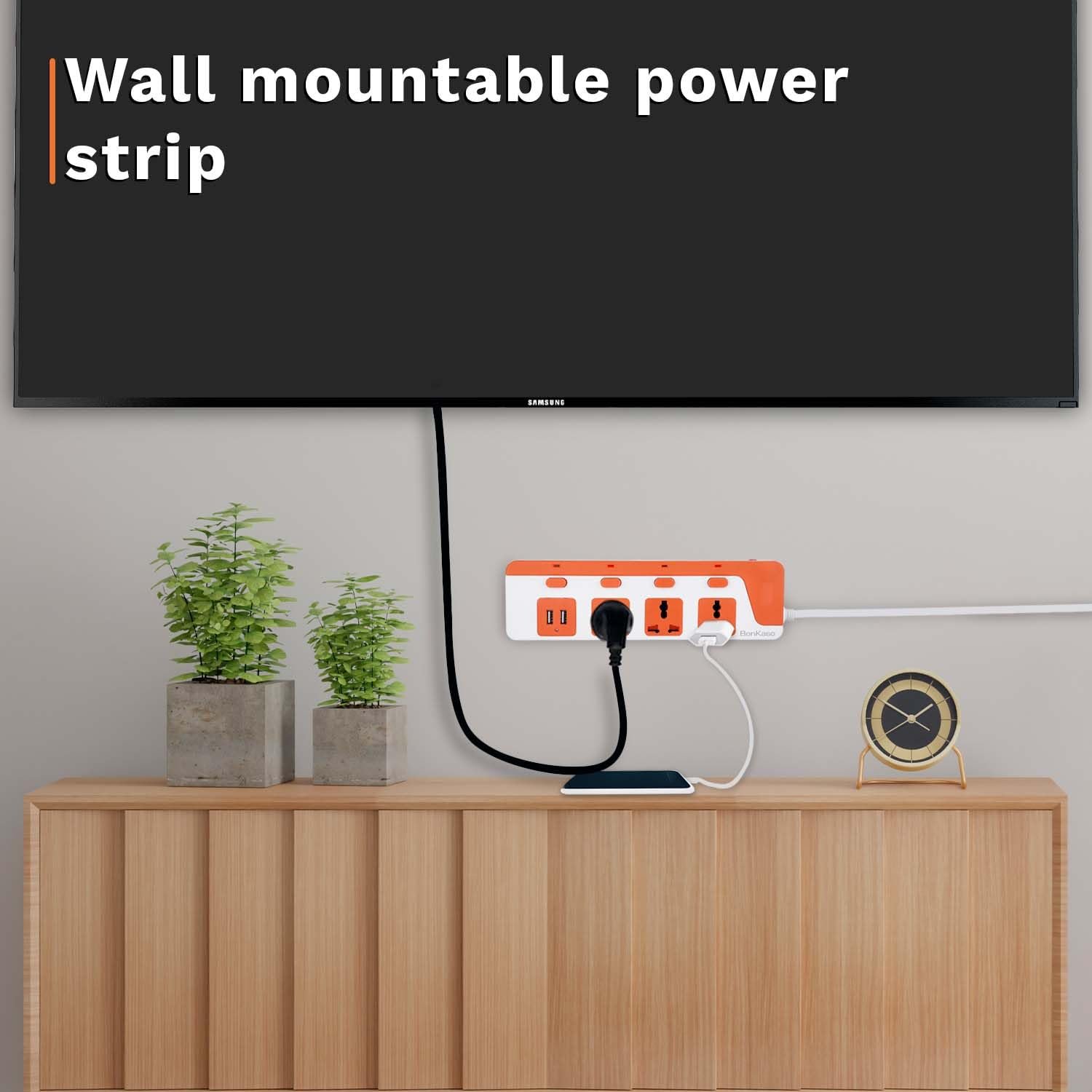 3-Socket Power Strip with Dual USB - 3AC Sockets, 2 USB, 1.5m Cord Length, 1500 W, Compact 26cm Size, Ultra-Light 500g (White & Orange) - Image 2