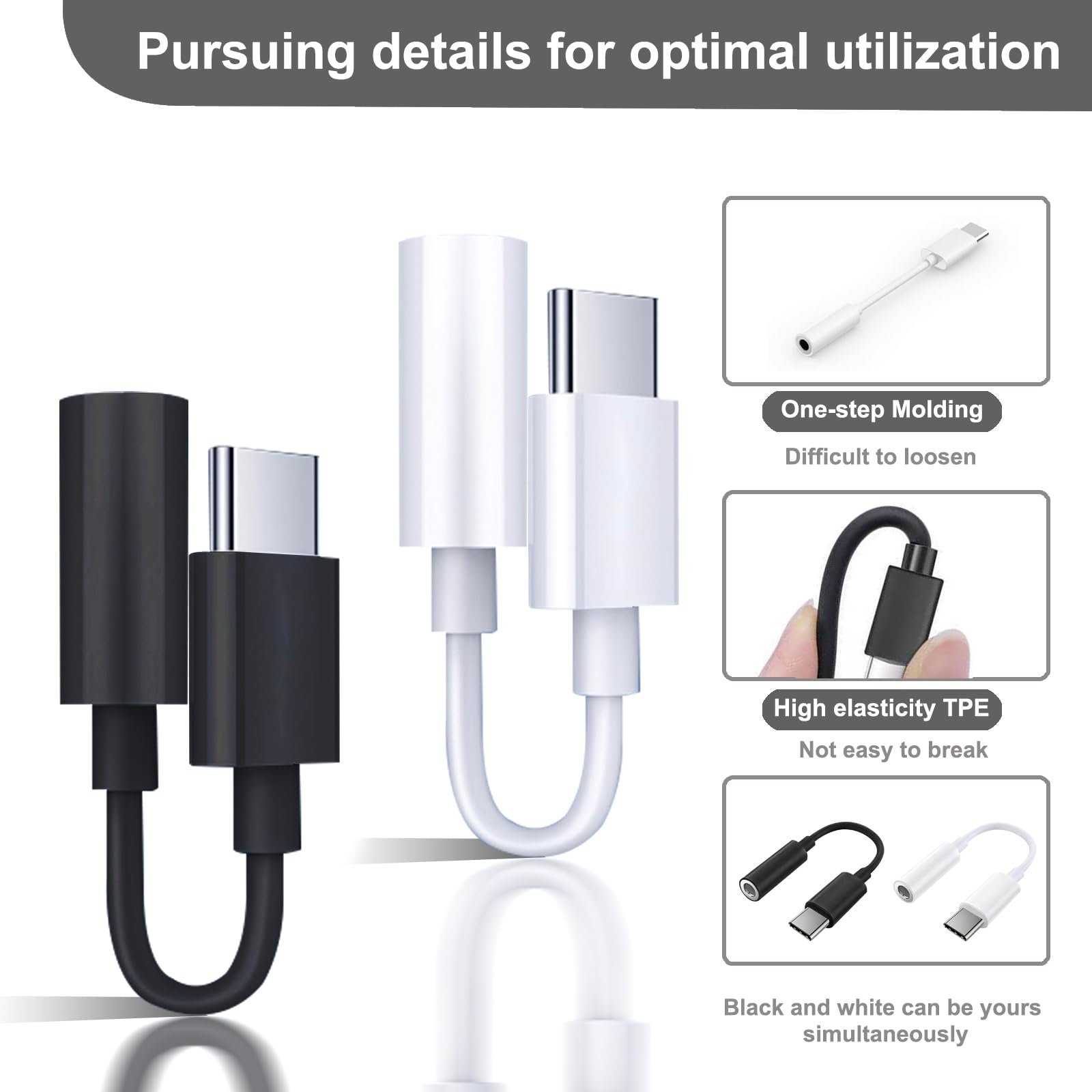 2 Pack USB C to 3.5mm Headphone Jack Adapter, Hi-Fi DAC Audio Converter with Microphone, Compatible with iPhone 15/Pro, Samsung Galaxy, iPad Pro, MacBook, Pixel, Black & White - Image 2