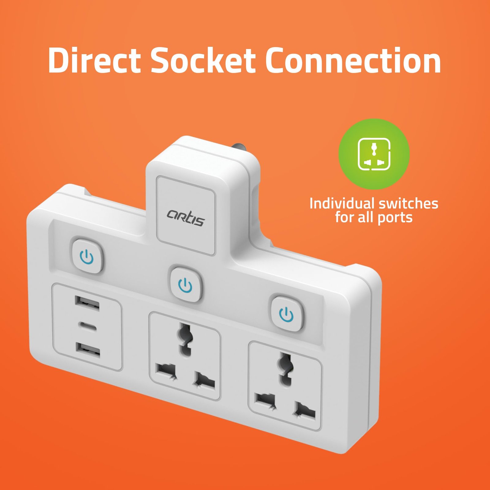 AR-2MS-3USBC 2 Universal Sockets with 2 USB Ports & 1 USB Type C Port with Multi Switch & Surge Protector - Image 2