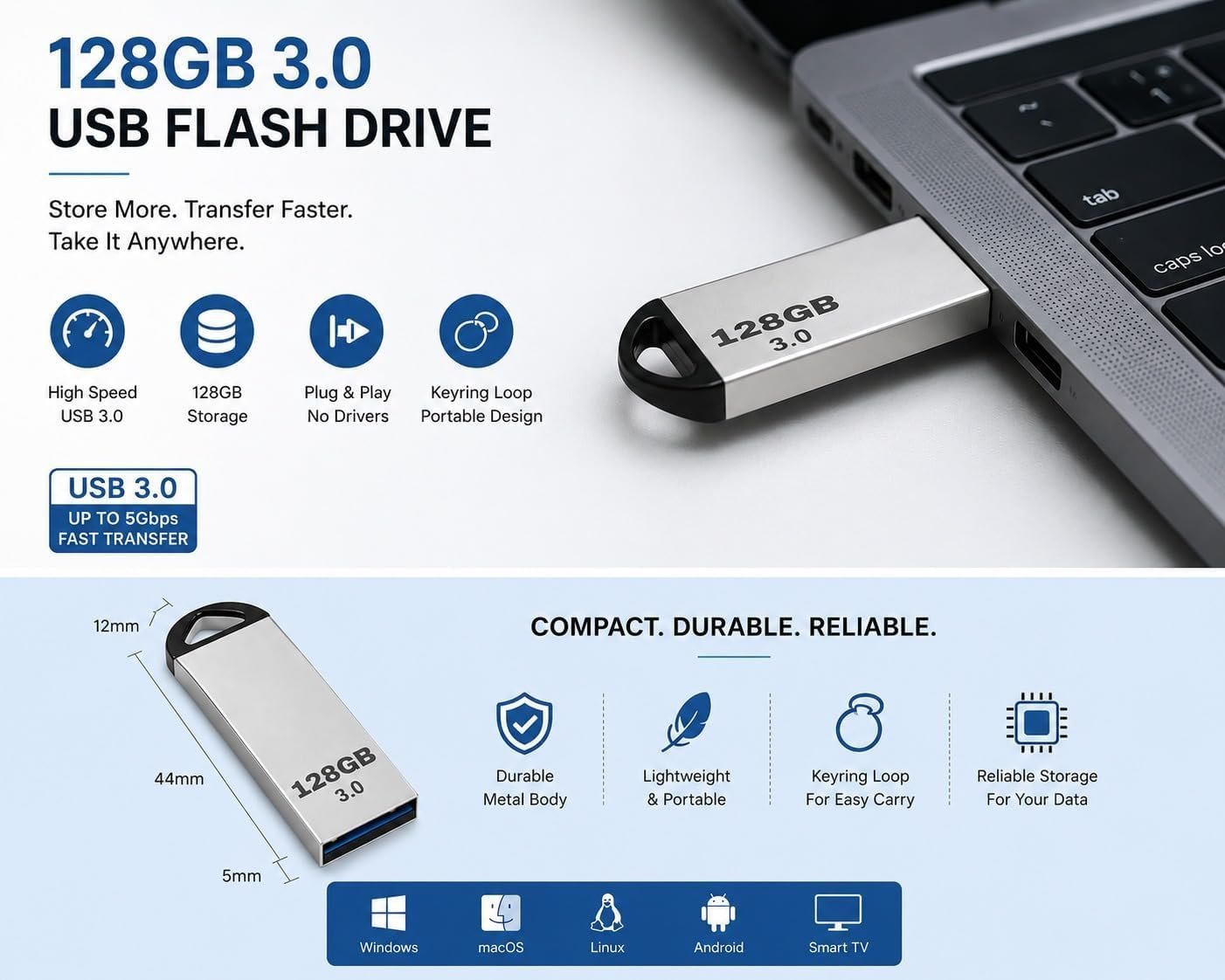 Item Name: USB 3.0 Metal Pen Drive High Speed Flash Drive for Laptop, PC, Smart TV, Car Music Player | Water Resistant & Metal Flash Drive for Backing Up Files, Pictures, Videos & Docs | 128 GB - Image 3