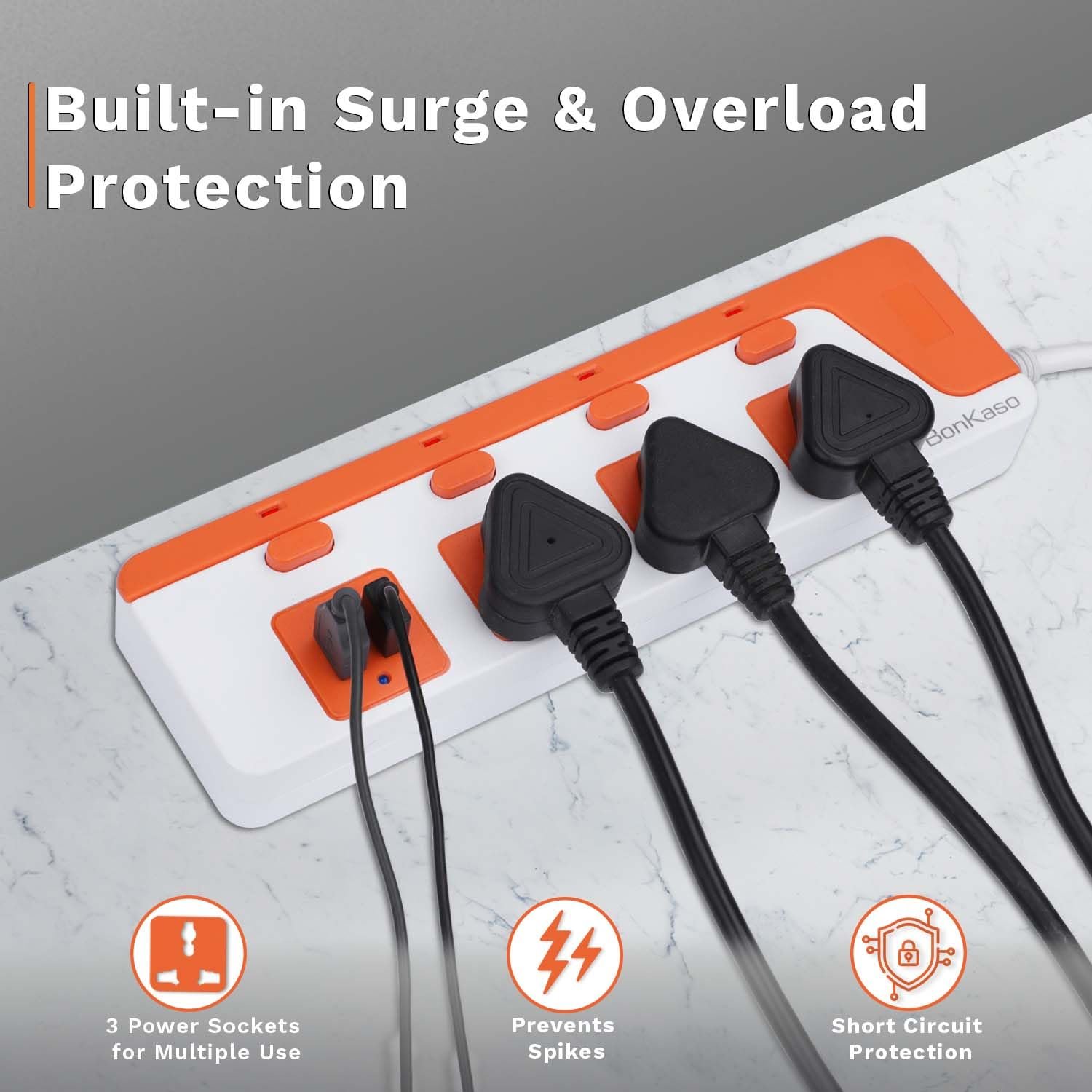 3-Socket Power Strip with Dual USB - 3AC Sockets, 2 USB, 1.5m Cord Length, 1500 W, Compact 26cm Size, Ultra-Light 500g (White & Orange) - Image 5