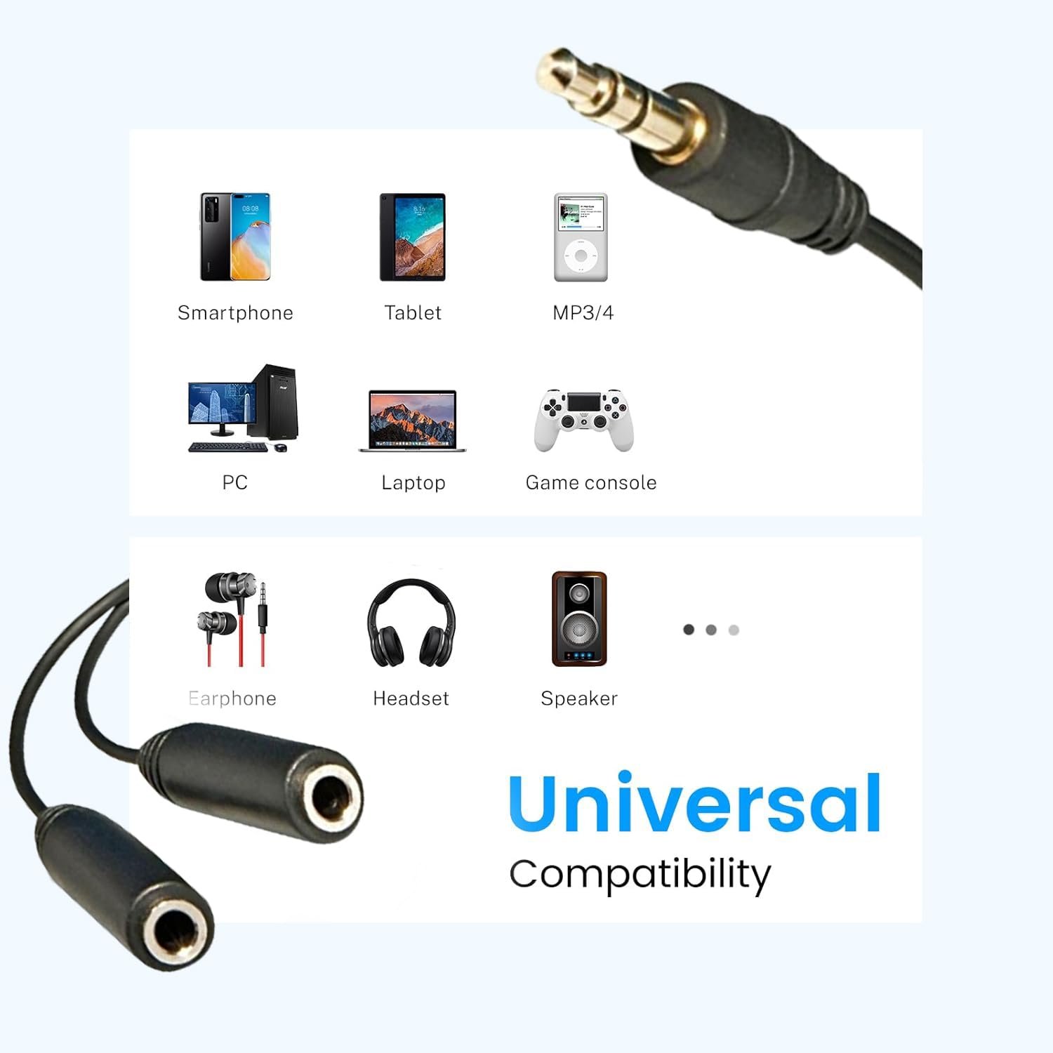 3.5mm Audio Jack Splitter Cable Adapter, Stereo Male to Dual Female Headphone & Mic Y Splitter, AUX Extension Cord for Mobile, Laptop, PC, Tablet – Colors May Vary - Image 4