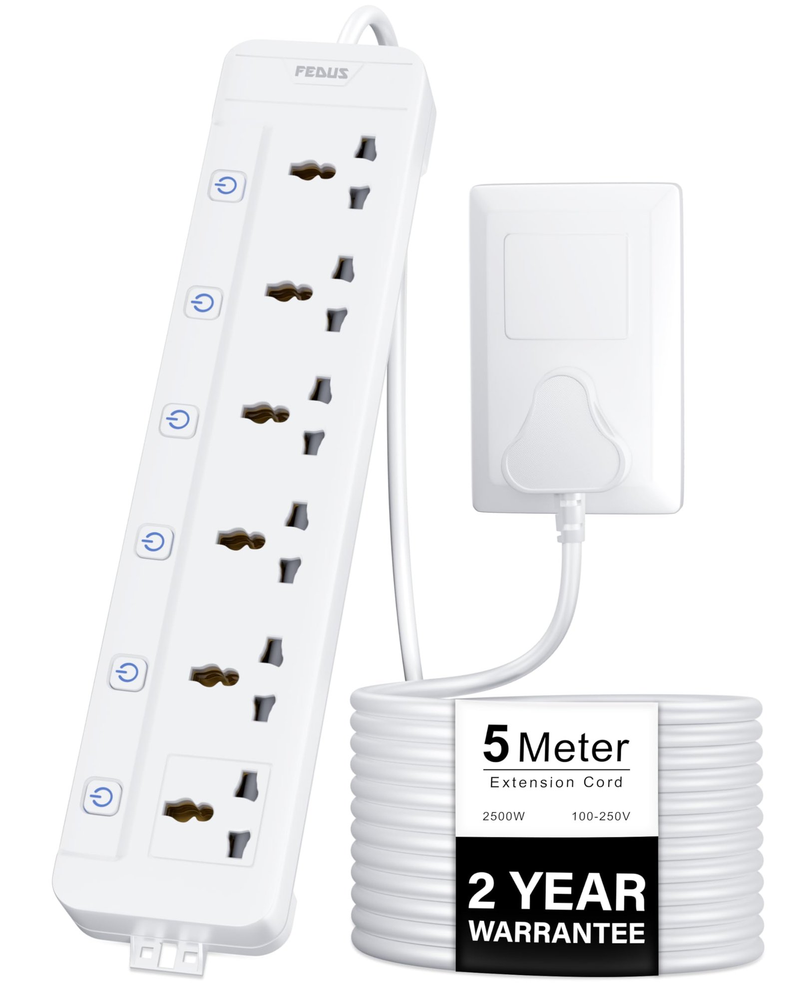 Surge Protector, 5 Meter 16 Feet Long Cable, 6 Universal Sockets with Individual Switch, Extension Board Cord, Automatic Overload Protection, Fireproof Power Strip Switch Board, Spike Guard