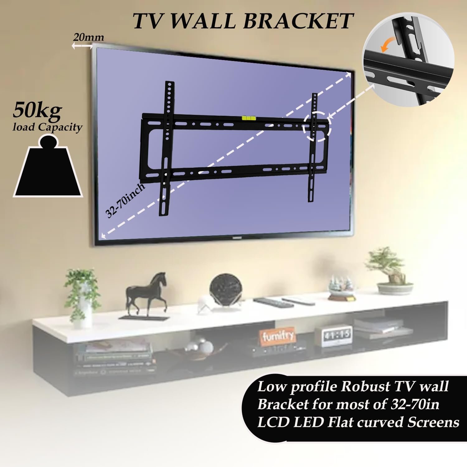 TV Wall Bracket Mount for 32-70 inch TVs, Ultra Heavy Duty TV Wall Mount With Bubble Level VESA 200 x 200mm to 600 x 400mm for Flat & Curved TV Load Capacity Up to 50KG For LED LCD OLED Plasma Screens - Image 2