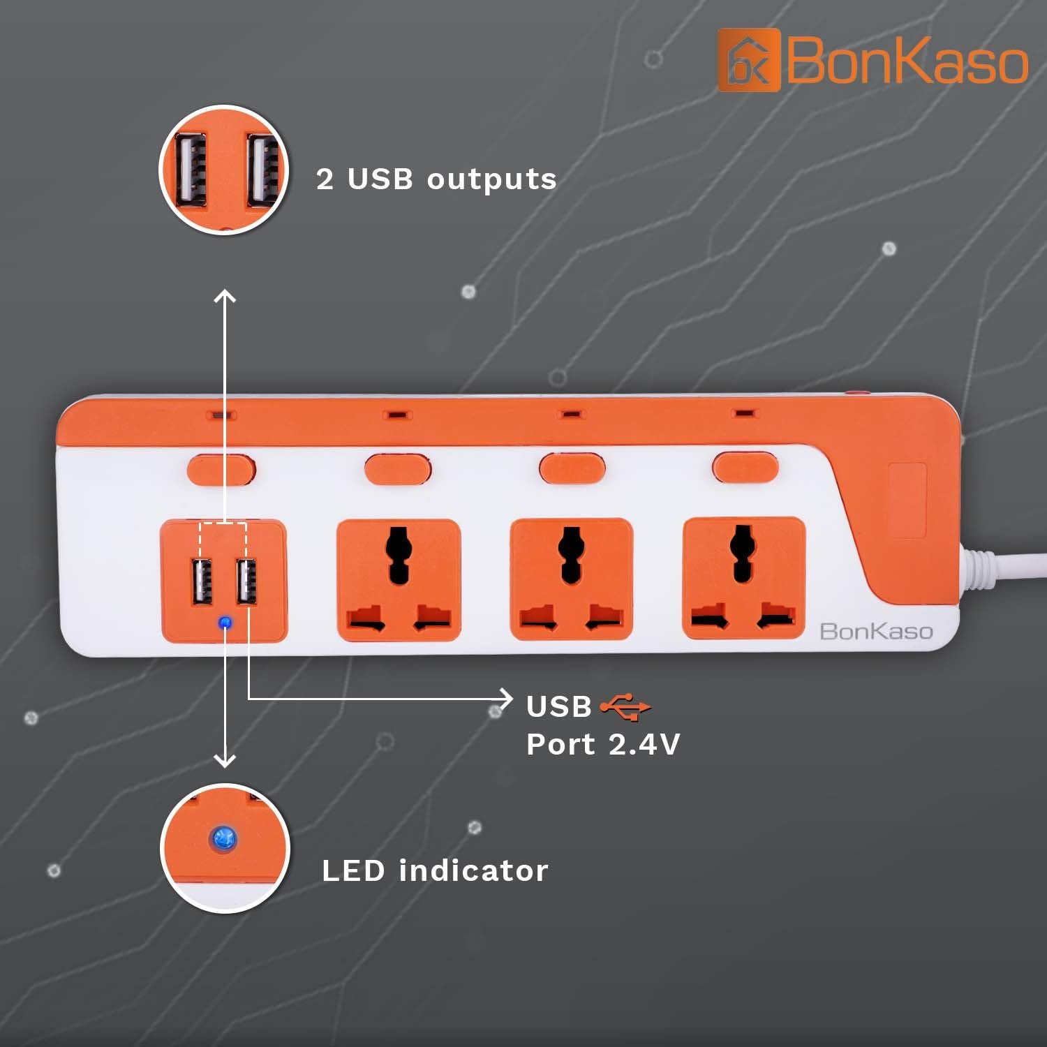 3-Socket Power Strip with Dual USB - 3AC Sockets, 2 USB, 1.5m Cord Length, 1500 W, Compact 26cm Size, Ultra-Light 500g (White & Orange) - Image 3
