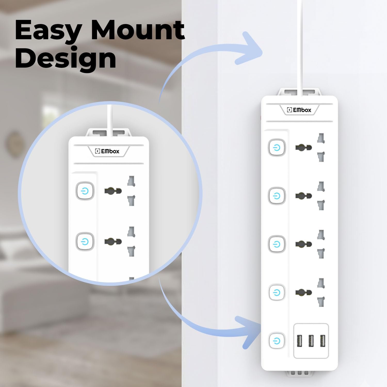 Extension Board with USB (2.4 A)| Extension Board with Switches Spike Guard | Universal Sockets, LED Indicator 2500W, 2 Meter Extension Cord - Image 5
