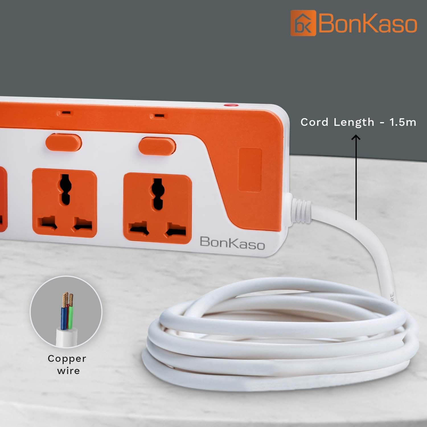 3-Socket Power Strip with Dual USB - 3AC Sockets, 2 USB, 1.5m Cord Length, 1500 W, Compact 26cm Size, Ultra-Light 500g (White & Orange) - Image 6