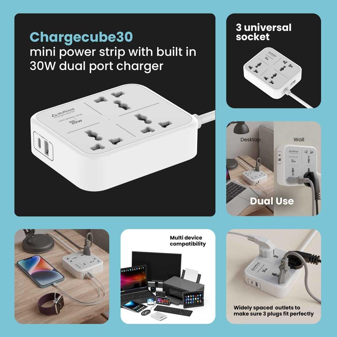 ChargeCube 30 Mini Surge Protector with 3 AC Ports and 30W Dual Port Type C PD PPS Output with Super Fast Charging, Charging iPhones 50% in 30 mins, Charges MacBook Air - Image 3