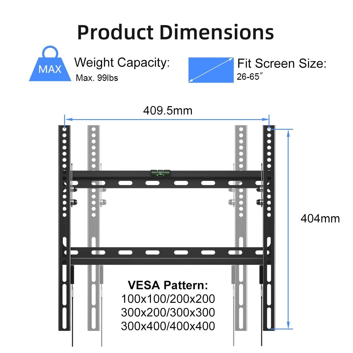 Tilt TV Wall Mount Bracket for Most 26-55 inch LED, LCD and Plasma TV, Mount with Max 400x400mm VESA and 100lbs Loading Capacity, Fits Studs 16" Apart, Low Profile with Bubble Level (MT4204) - Image 2