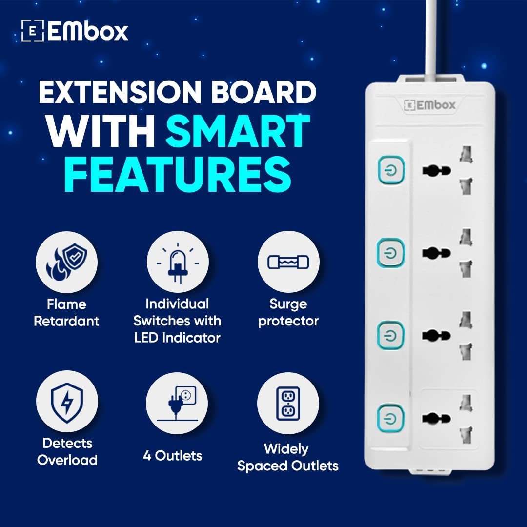 Extension Board with Switches 2500 W, 4 Universal Sockets, Individual Switch, Safety Shutter Spike Guard, LED Indicator and Safety Shutter - Image 8