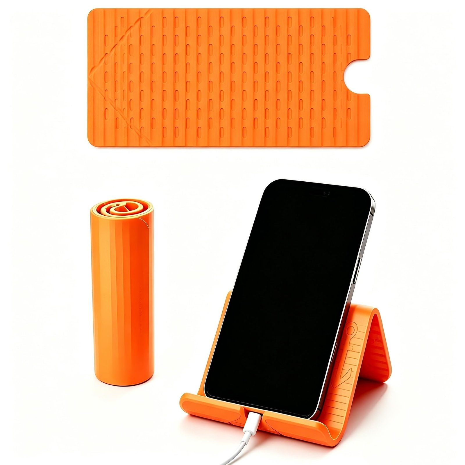 FEXLARO Flexible Rollable Phone Stand, Foldable Silicone Holder with Charging Slot, Anti Slip Desk Support for Mobile, Tablet, Light Laptop, Home Office Travel, Orange