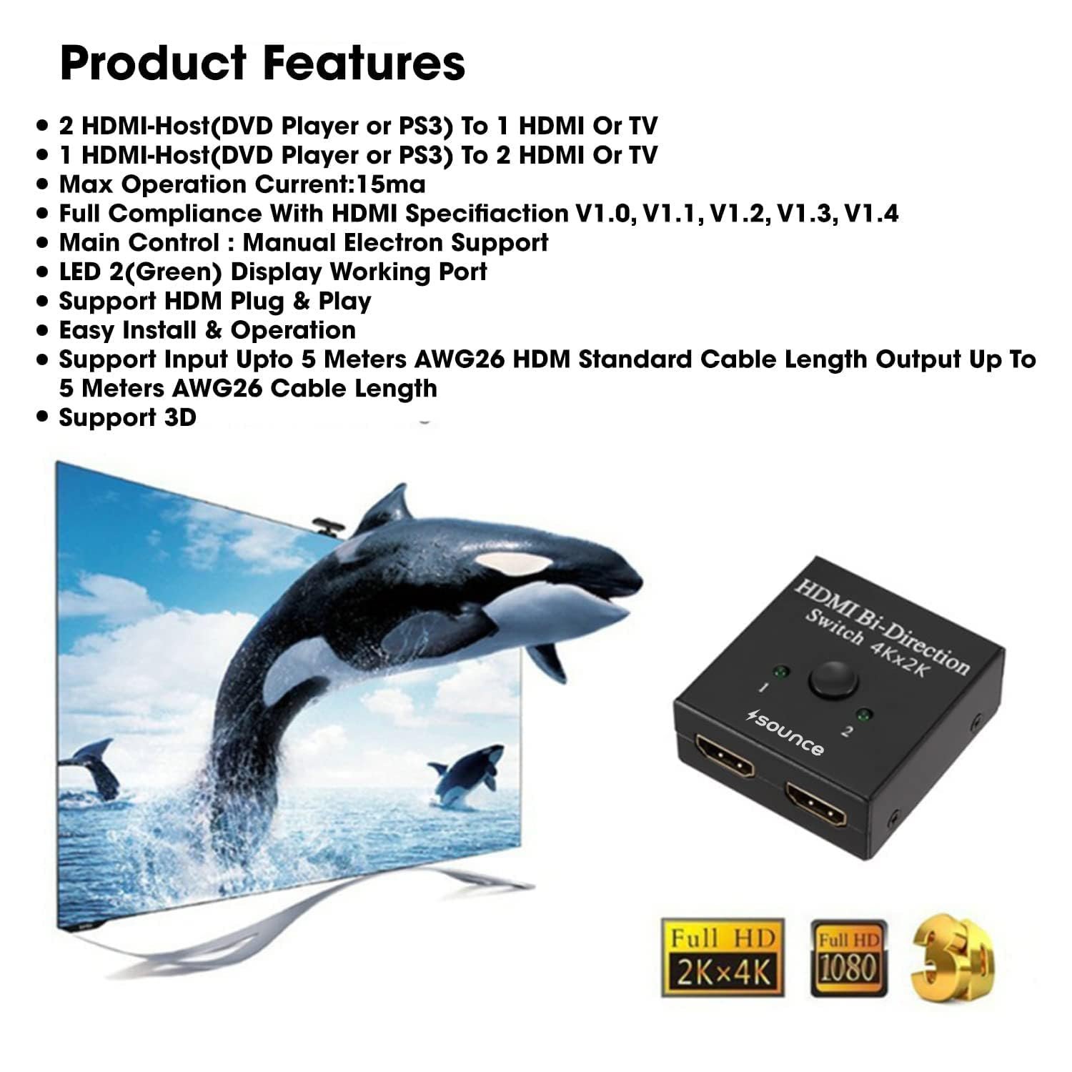 HDMI Switch 2 in 1 Out 4K 60hz HDMI Switcher 2 Port, Bi-Directional HDMI Switch Splitter 2 x 1/1 x 2, No Power Required, Sharing HD Video, PC Gaming Accessories - Image 4