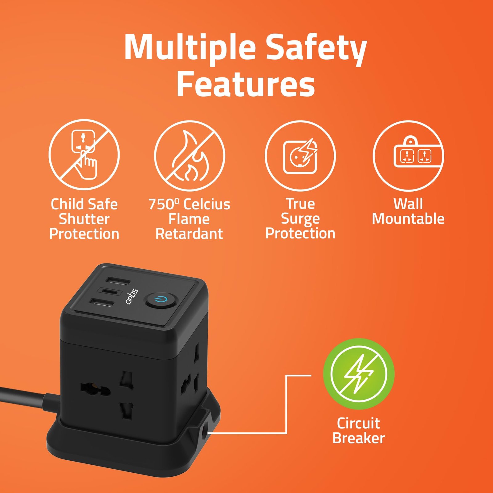 AR-4SS-3USBCB 4 Universal Sockets with 2 USB Ports & 1 USB Type C Port with Circuit Breaker Surge Protector (Black) - Image 3