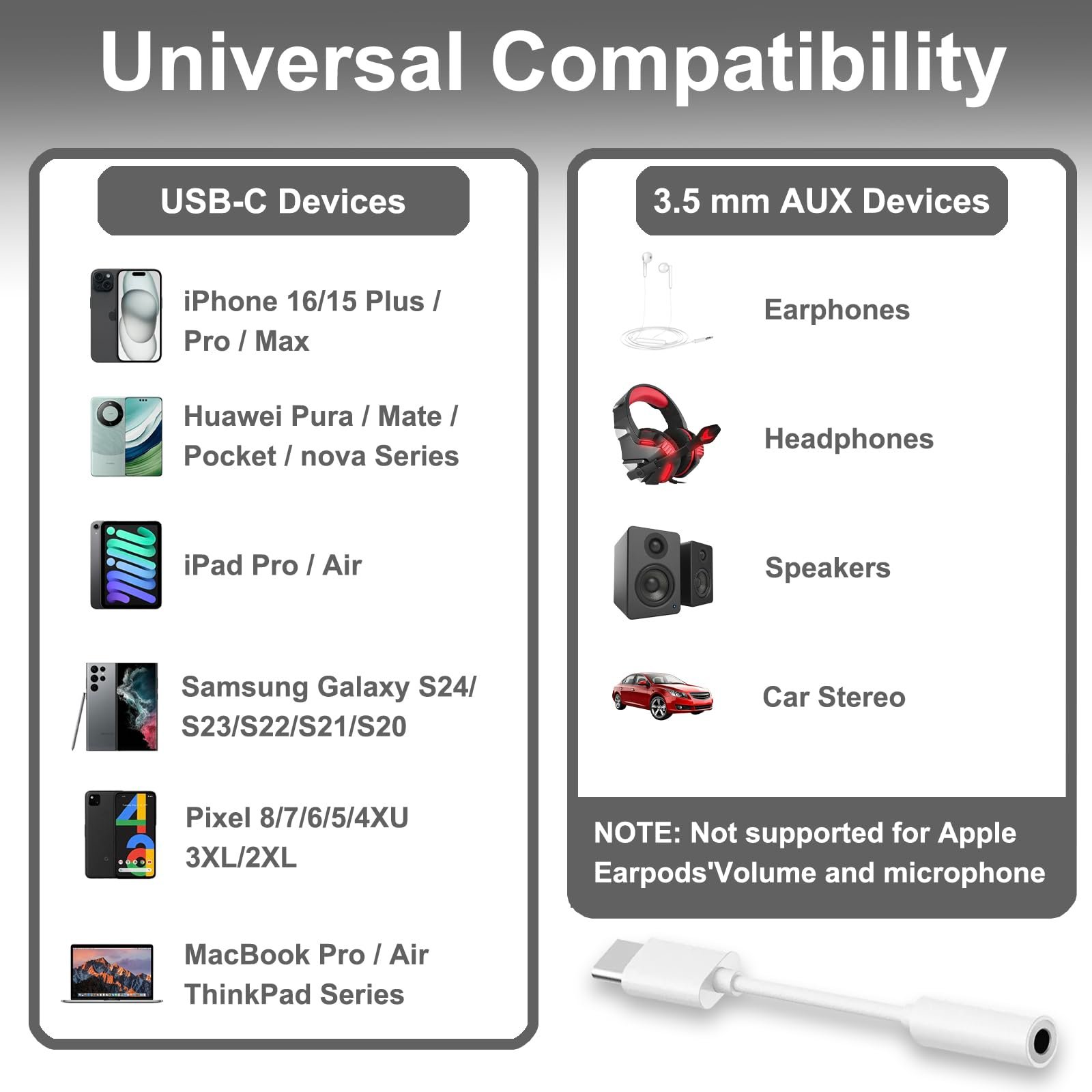 2 Pack USB C to 3.5mm Headphone Jack Adapter, Hi-Fi DAC Audio Converter with Microphone, Compatible with iPhone 15/Pro, Samsung Galaxy, iPad Pro, MacBook, Pixel, Black & White - Image 7