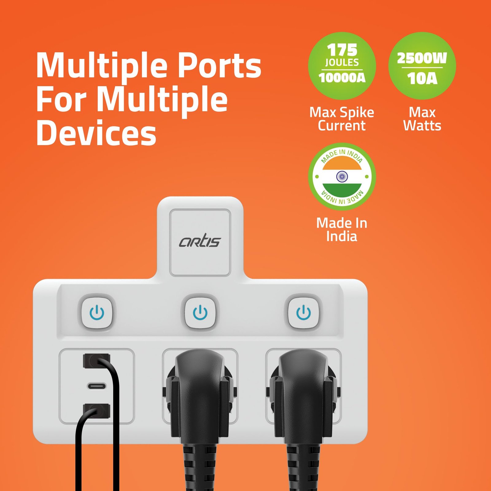 AR-2MS-3USBC 2 Universal Sockets with 2 USB Ports & 1 USB Type C Port with Multi Switch & Surge Protector - Image 6
