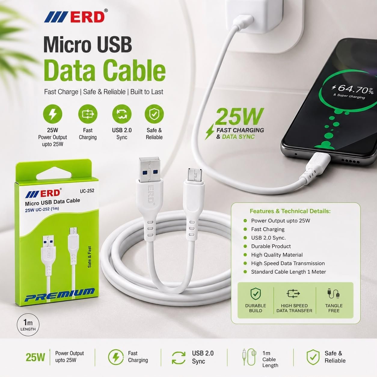 ERD Charging Cable for Android & Multiple Devices | Fast Charging & Data Transfer Cable | Durable USB Cable for Smartphones, Tablets, Power Banks & More - Image 3
