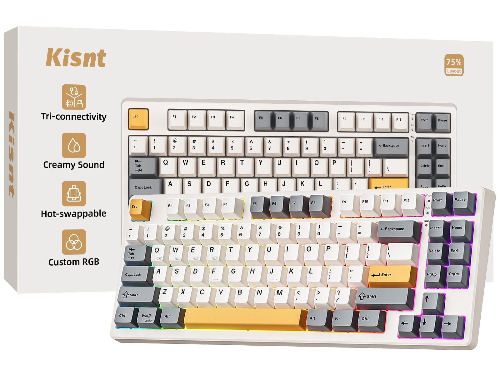 Wireless Mechanical Keyboard, Creamy Sound Board Gaming Keyboard with Bluetooth/2.4GHz/USB-C, 75% 85 Keys, Hot Swappable Compact Keyboard for Win/Mac