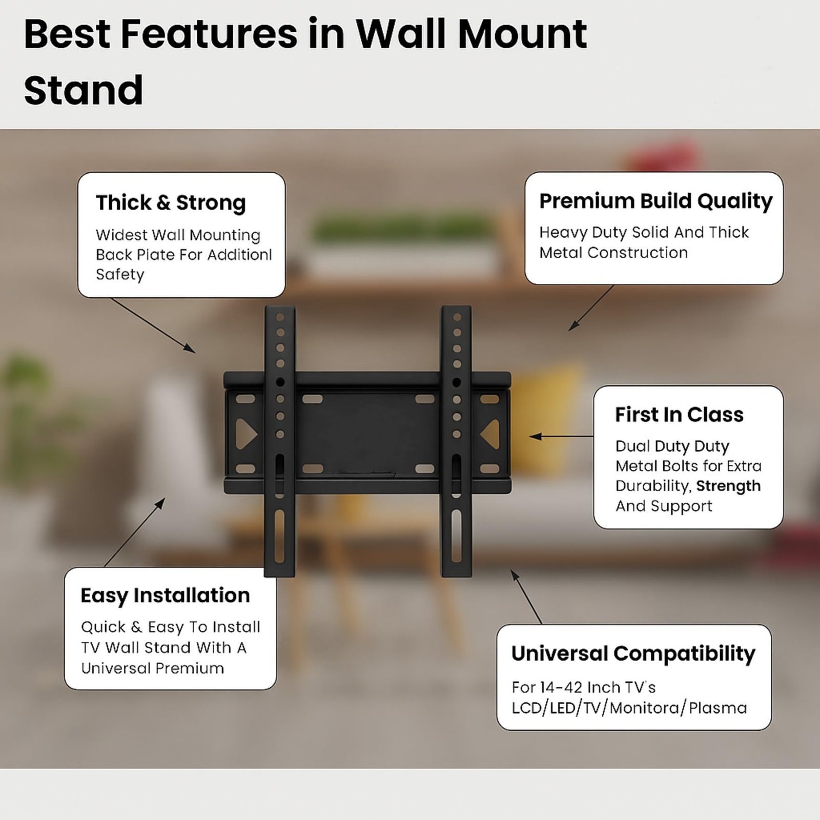 Heavy Duty TV Wall Mount Bracket for 14-42 Inch LED, LCD & Smart TVs – Universal Fixed Holder for Flat Panel Screens, Strong Wall Stand | Space-Saving Mount | Durable Fixed Bracket - Image 7