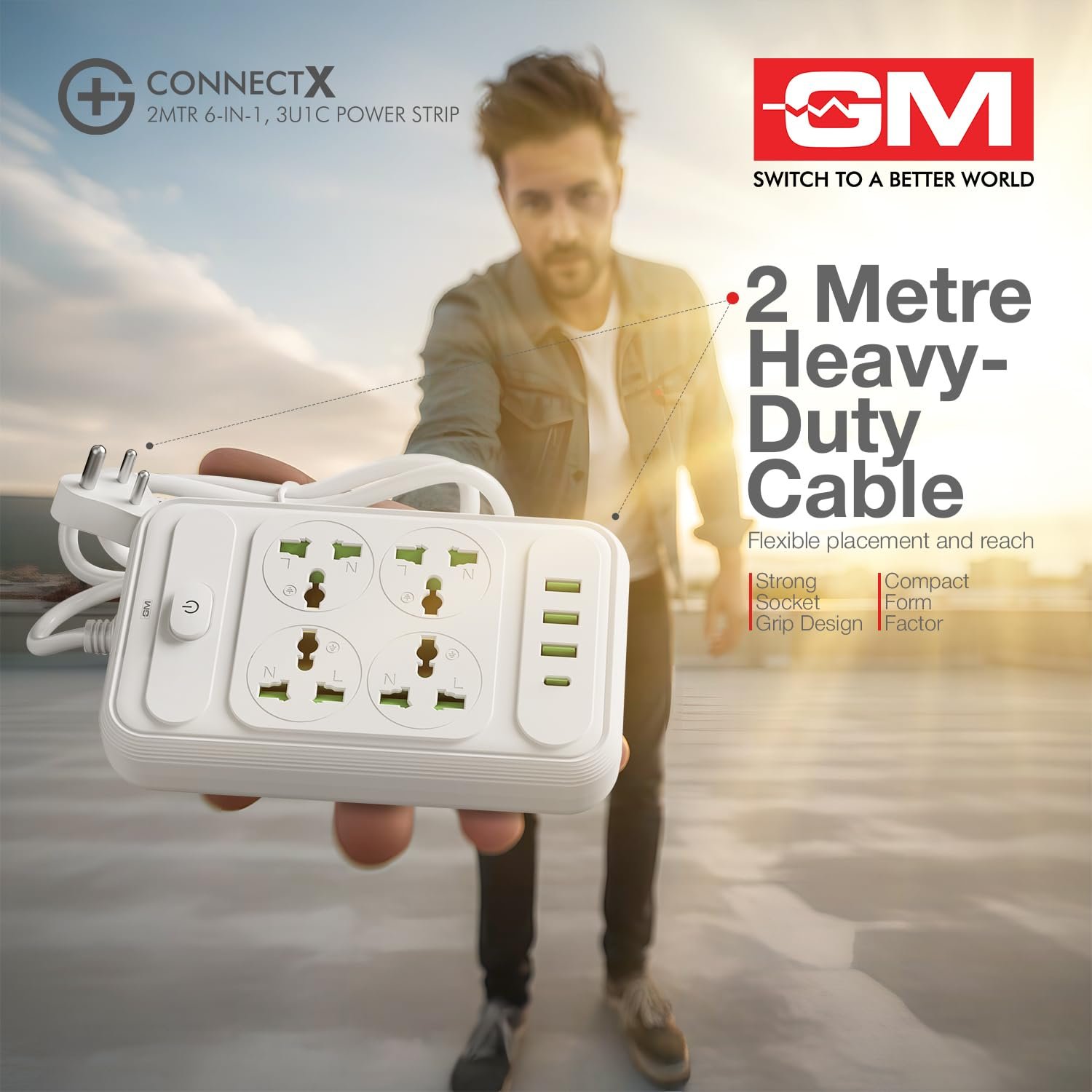 G+ ConnectX 6-in-1 Powerstrip with Type-C, 4 Universal Sockets, 3 USB, 2500W, 2M Cable, Master Switch, Surge Protection | Extension Board for Home & Office - Image 3
