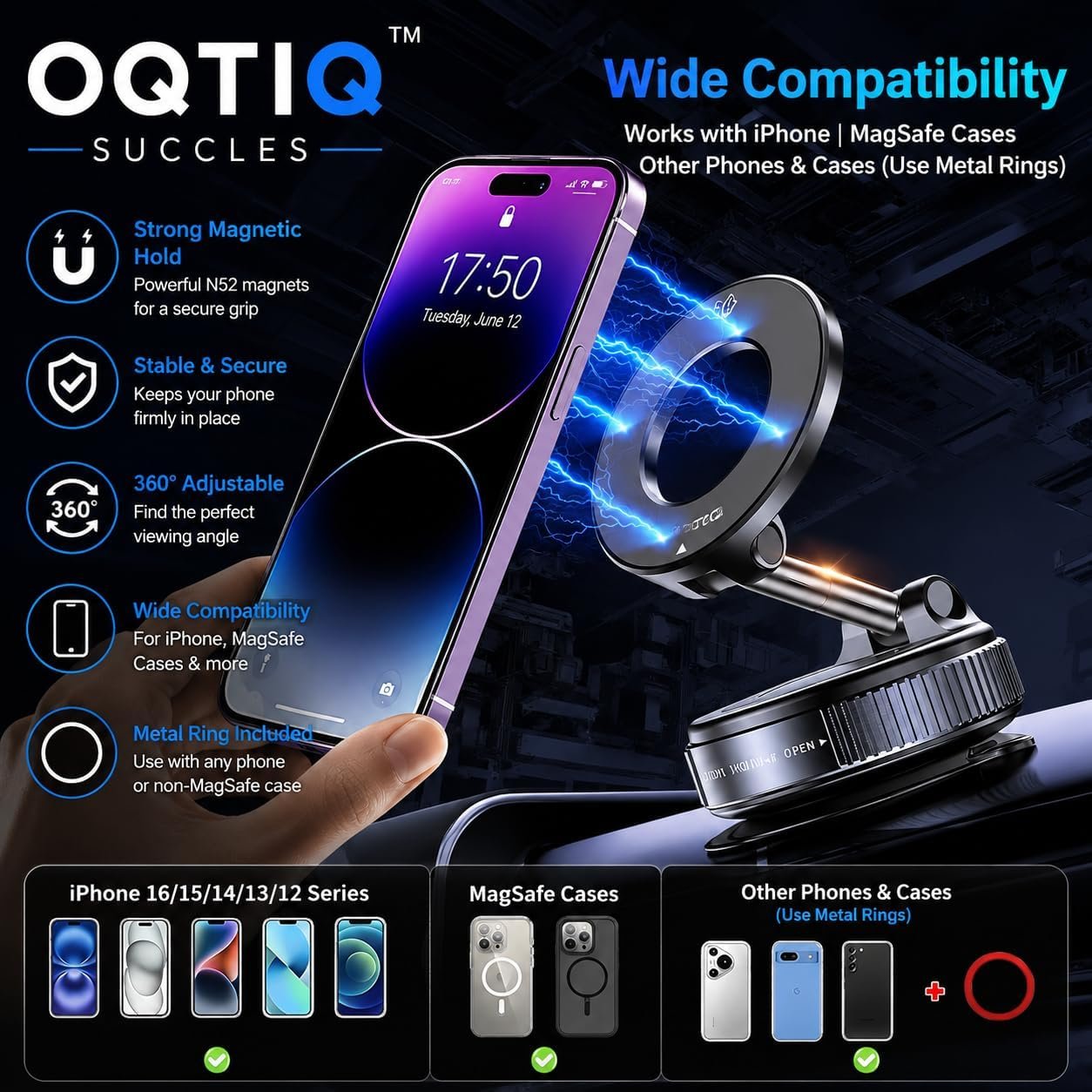 OQTIQ SUCGLES Vacuum Magnetic Phone Holder for Car, 360° Adjustable Foldable Mobile Holder with Ultra Strong Suction & Powerful Magnetic Grip, Dashboard, Windshield & Desk Mount for All Smartphones - Image 5