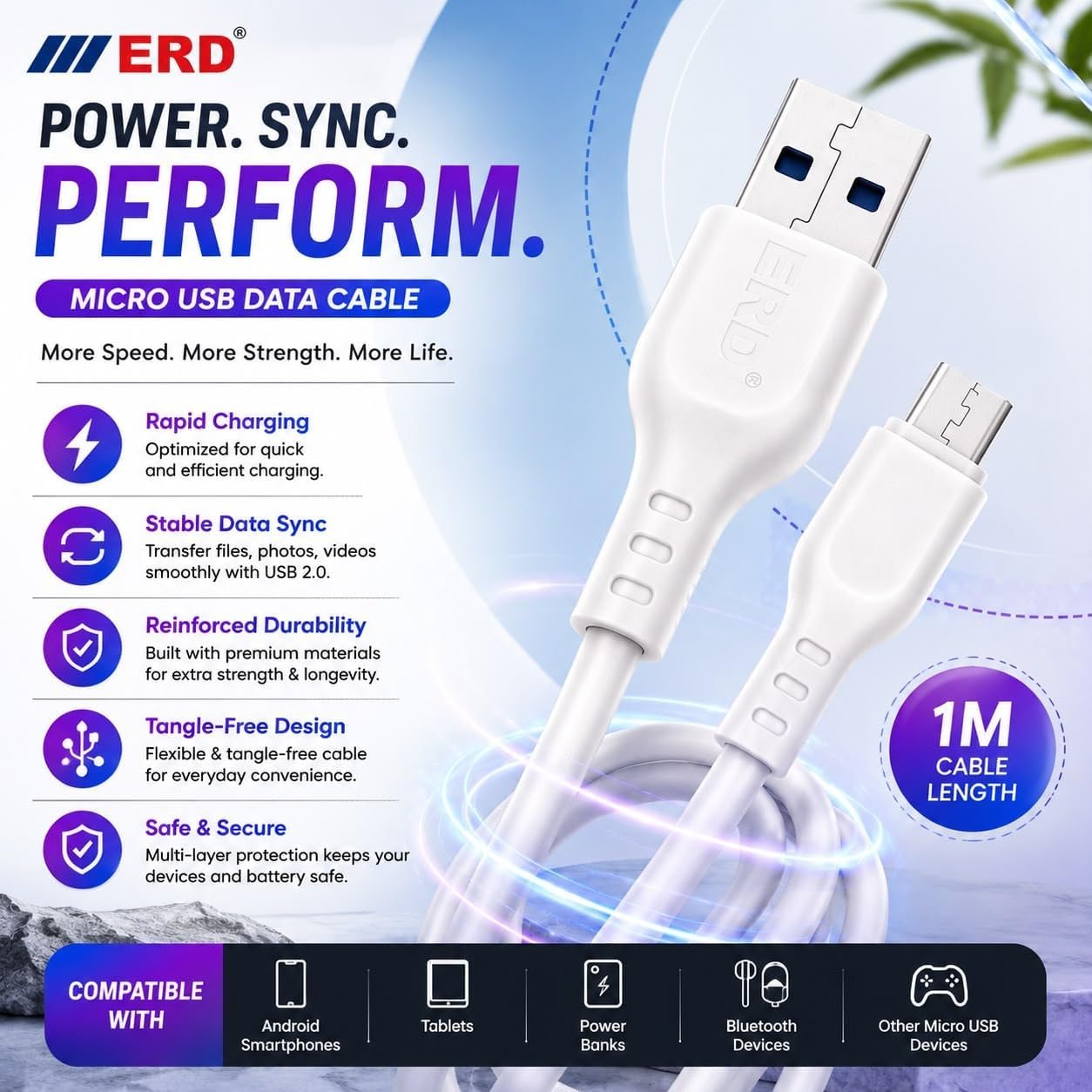 ERD Charging Cable for Android & Multiple Devices | Fast Charging & Data Transfer Cable | Durable USB Cable for Smartphones, Tablets, Power Banks & More - Image 4