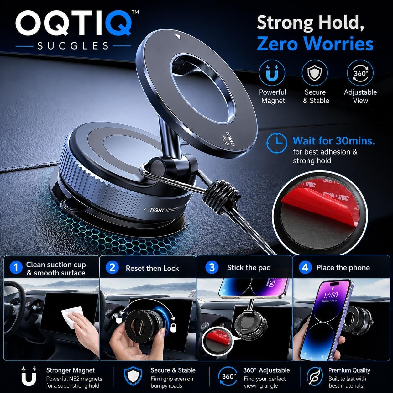 OQTIQ SUCGLES Vacuum Magnetic Phone Holder for Car, 360° Adjustable Foldable Mobile Holder with Ultra Strong Suction & Powerful Magnetic Grip, Dashboard, Windshield & Desk Mount for All Smartphones - Image 6