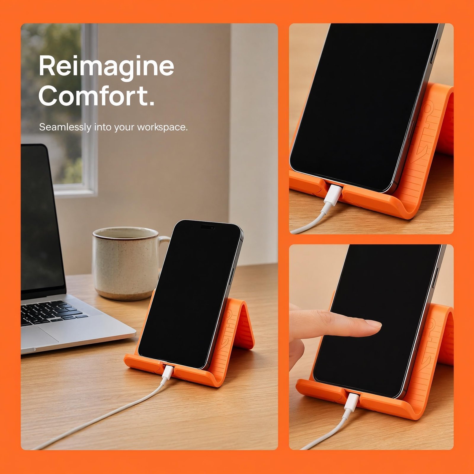 FEXLARO Flexible Rollable Phone Stand, Foldable Silicone Holder with Charging Slot, Anti Slip Desk Support for Mobile, Tablet, Light Laptop, Home Office Travel, Orange - Image 7