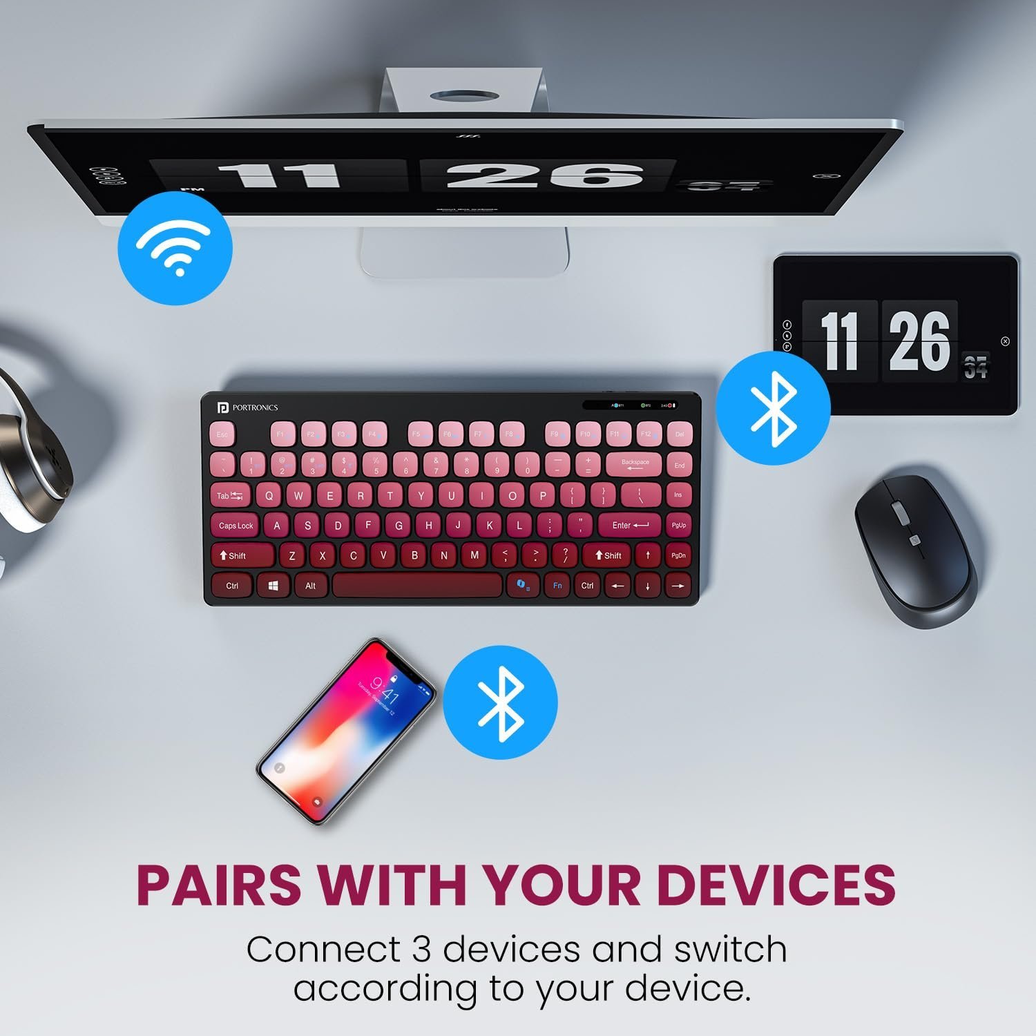 Bubble Multimedia Wireless Keyboard 2.4 GHz & Bluetooth 5.0 Connectivity, Noiseless Experience, Compact Size for iOS iPad Air, Pro, Mini, Android, Windows Tablets PC Smartphone(Purple) - Image 3