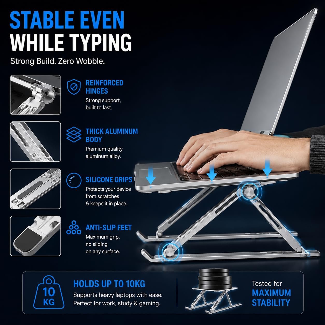 Aluminum Foldable Laptop Stand for Desk, Adjustable Ergonomic Notebook Stand, Portable Ventilated Laptop Riser Compatible with MacBook, HP, Dell, Lenovo, ASUS & Laptops Up to 17.3 Inch - Image 8