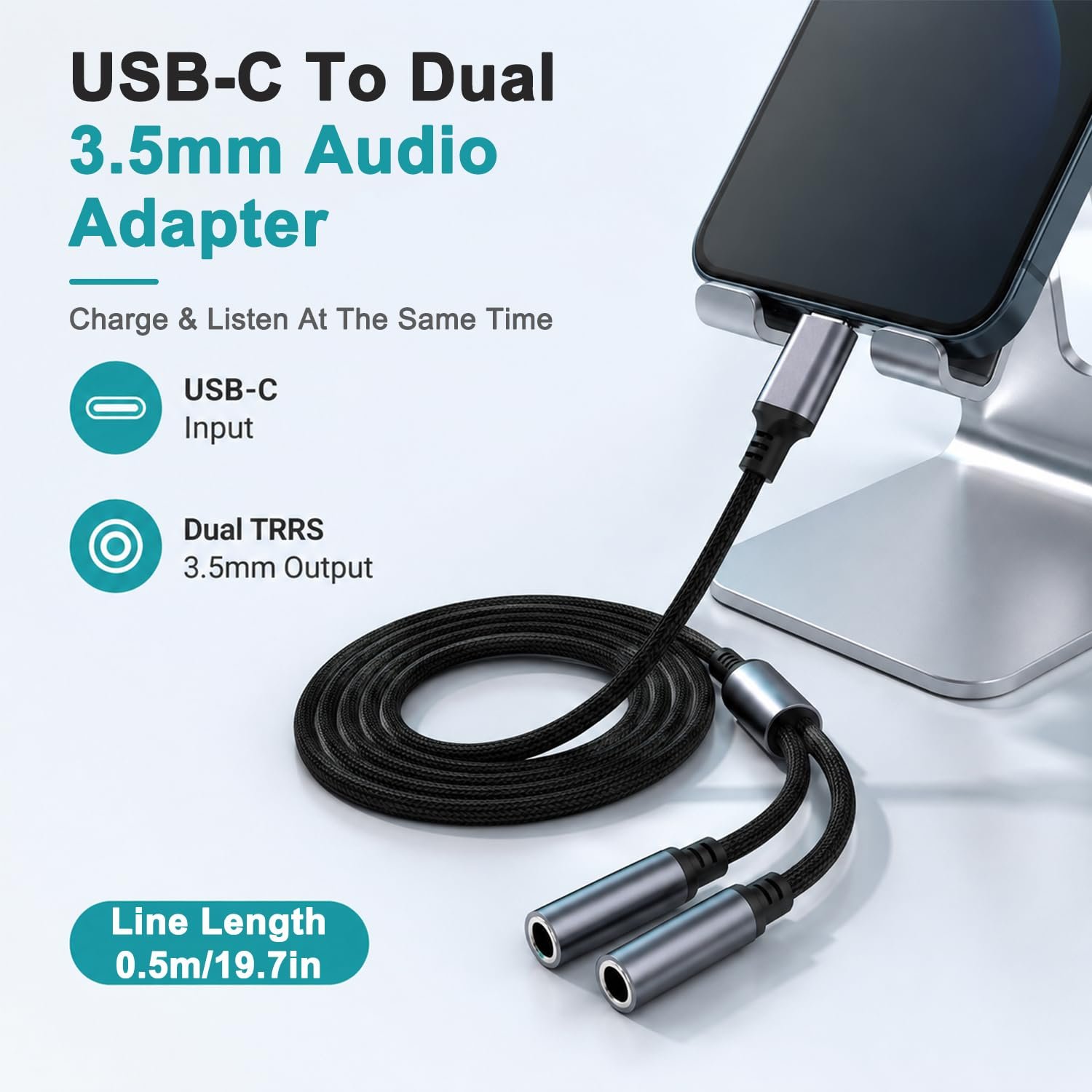 0.5M Type C to Dual 3.5mm Headphone Splitter with High Res DAC Chip - Image 2