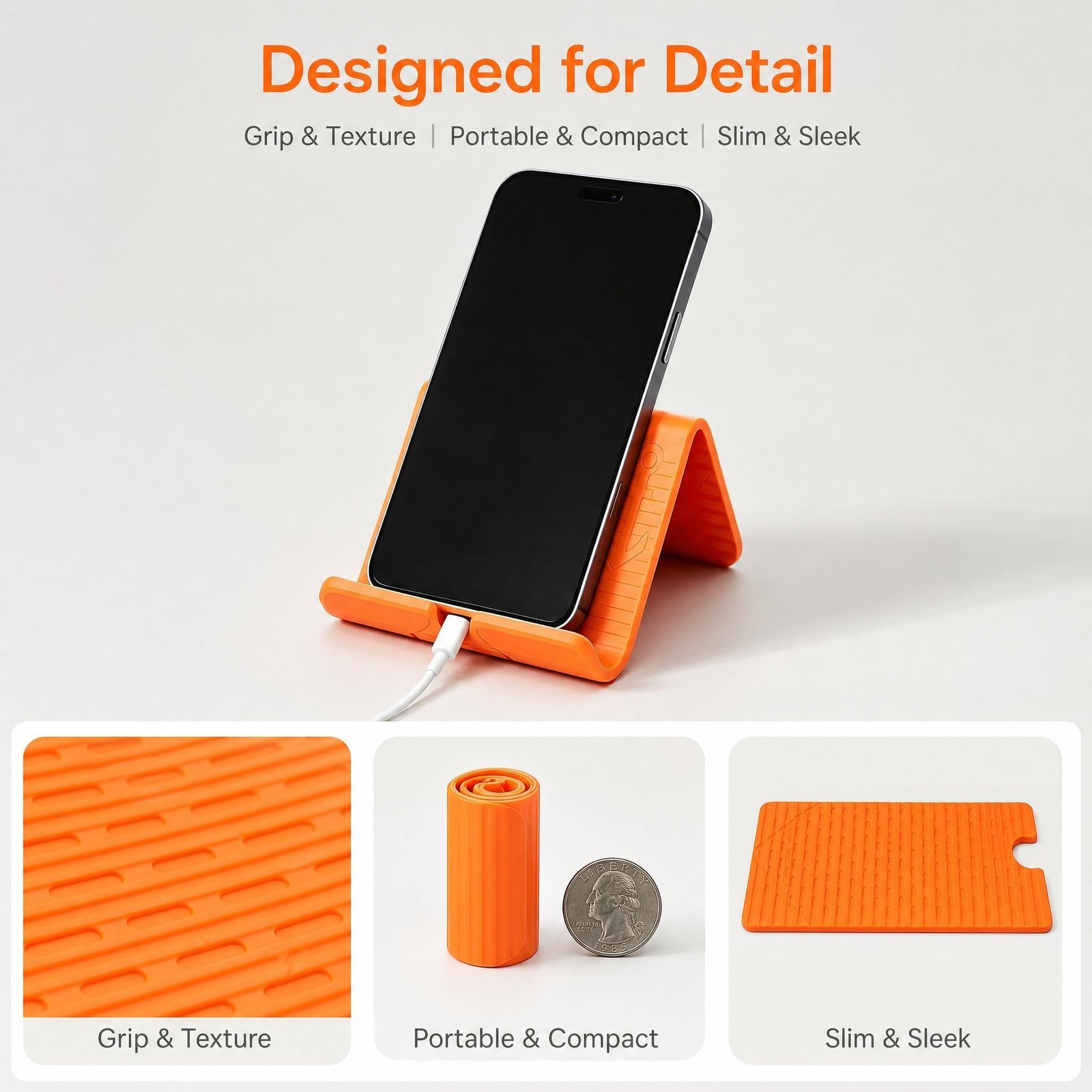 FEXLARO Flexible Rollable Phone Stand, Foldable Silicone Holder with Charging Slot, Anti Slip Desk Support for Mobile, Tablet, Light Laptop, Home Office Travel, Orange - Image 3